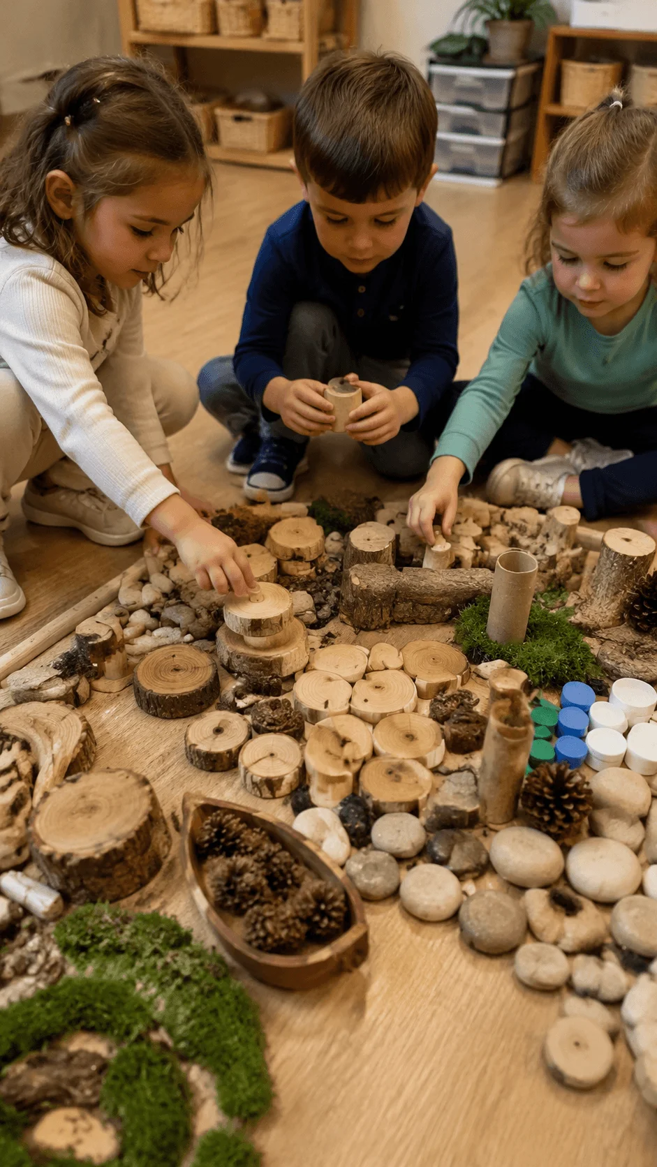Children engaging in loose parts eco play with natural materials like wood stones pinecones and recycled objects in a kindergarten classroom