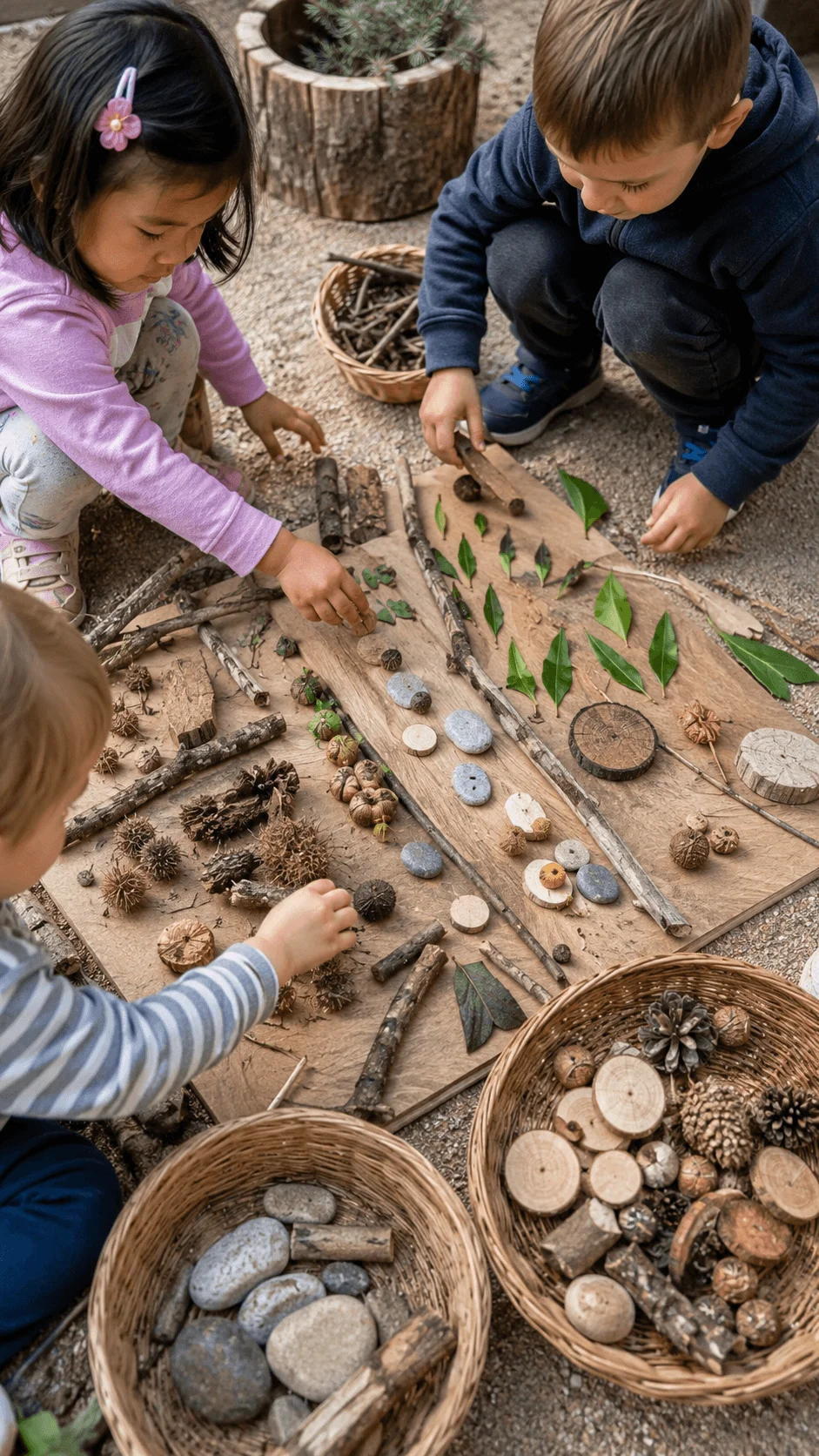 Preschool children arranging sticks leaves stones pinecones and wooden pieces for a nature based loose parts activity