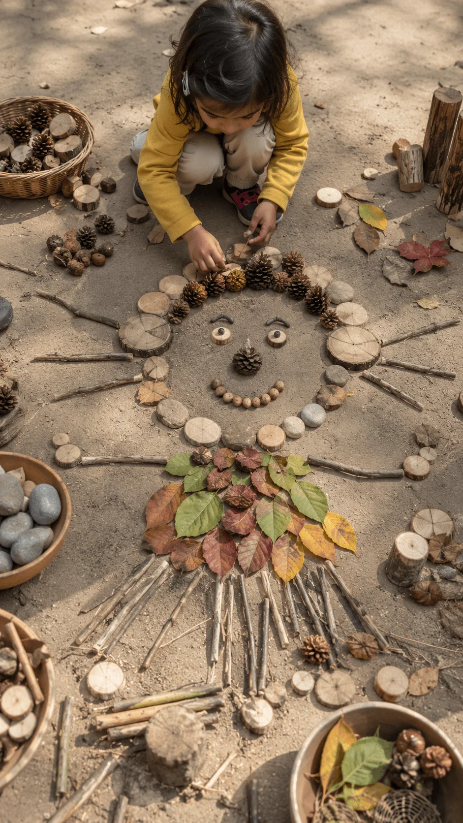 Child creating a nature art design with loose parts including pinecones stones sticks and leaves during outdoor play exploration