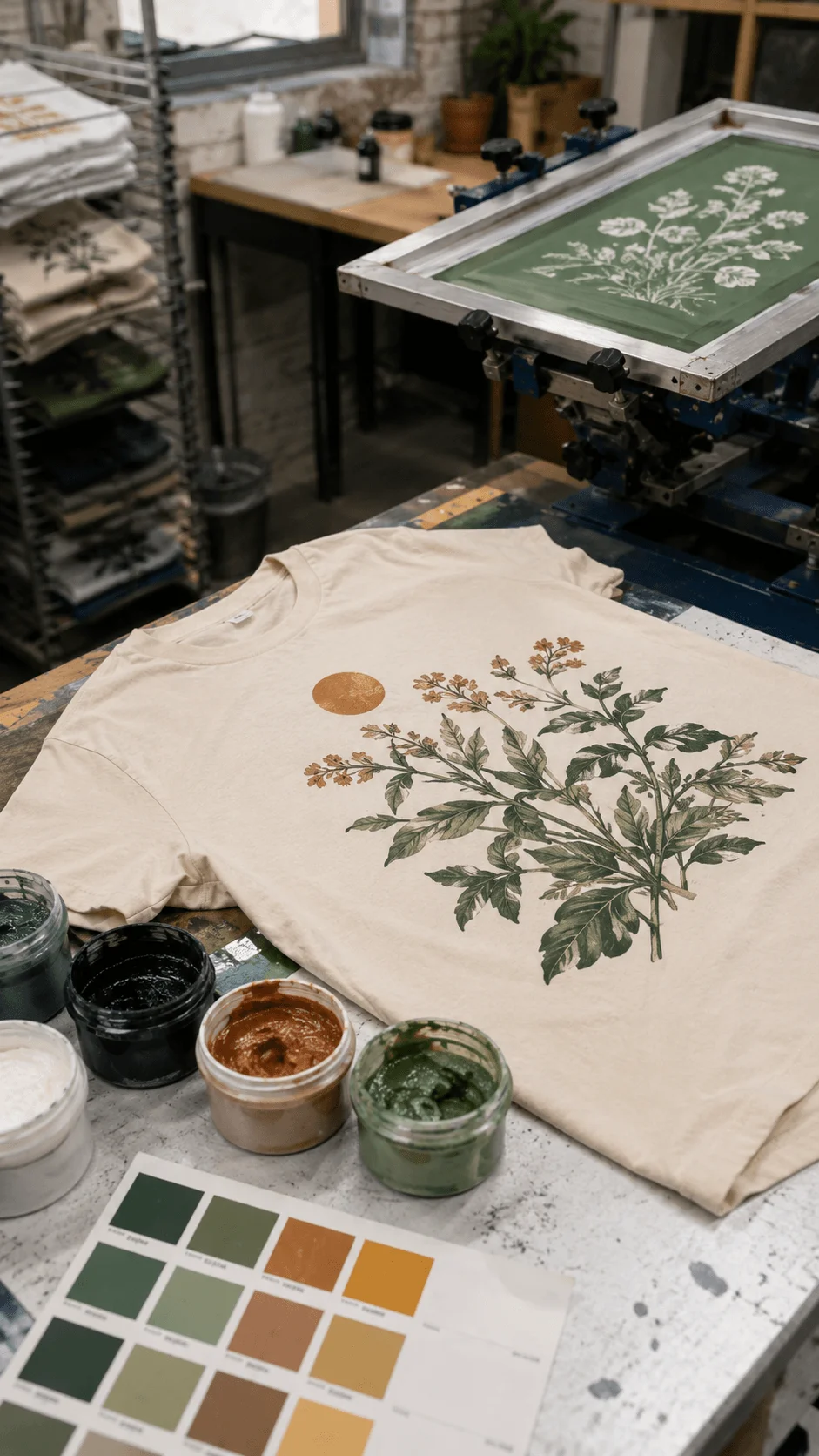 Low impact T shirt printing with botanical artwork water based inks and responsible earthy colors