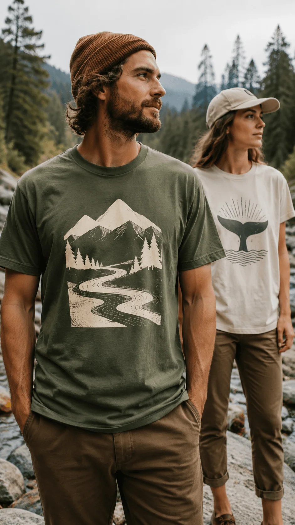 Low ink and negative space sustainable T shirt designs featuring minimalist mountain river and wildlife graphics with eco friendly nature inspired artwork