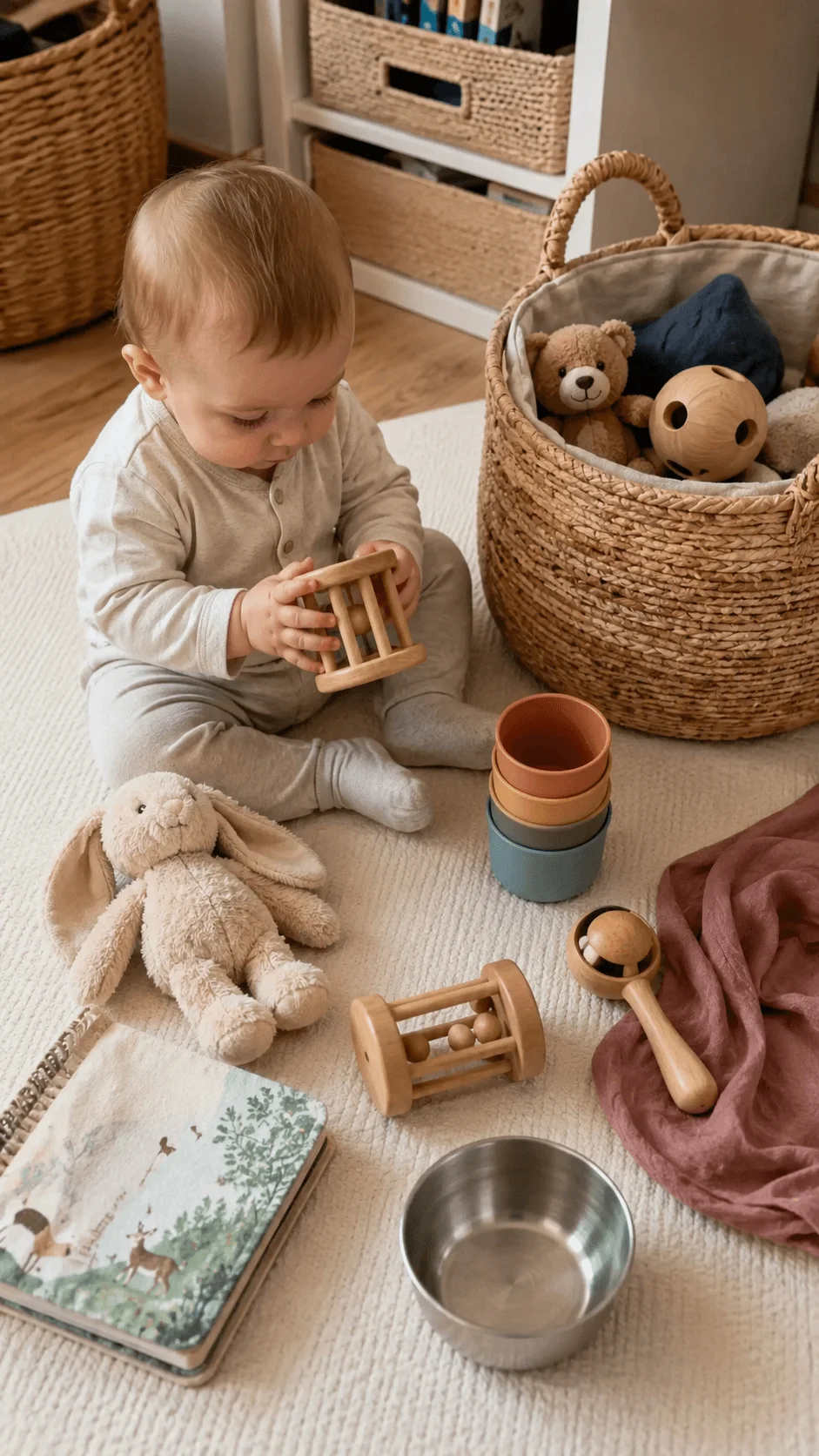Baby playing with wooden toys during a low waste toy rotation activity