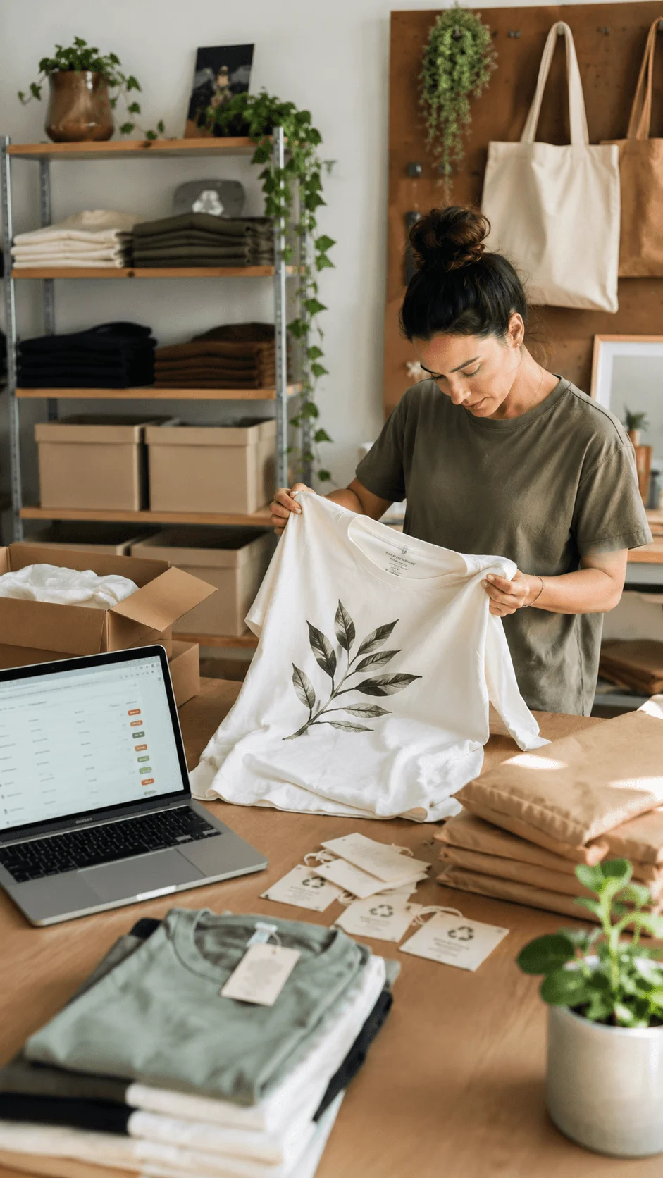 Made to order sustainable T shirt production workspace with a woman inspecting a botanical print shirt beside eco friendly packaging and folded garments