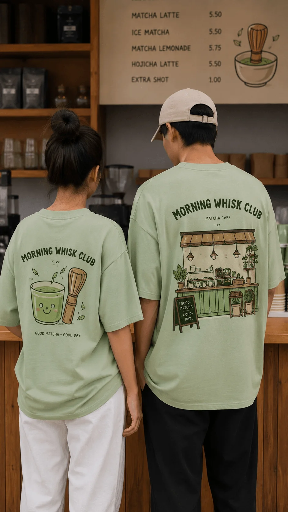 Matcha green tshirt design template featuring Morning Whisk Club cafe inspired artwork with playful matcha cup mascot cozy tea shop illustration and oversized back graphic on sage green shirts worn in a modern matcha cafe
