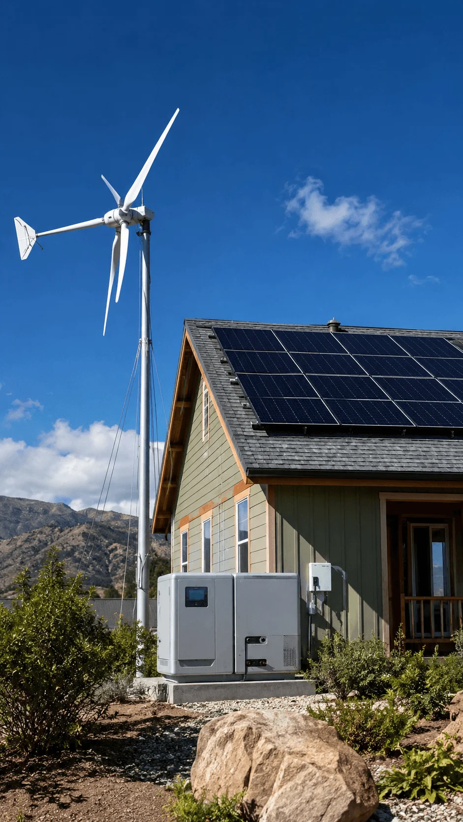 Micro wind and hybrid renewable energy system with wind turbine solar panels battery storage and sustainable home power generation in a mountain landscape
