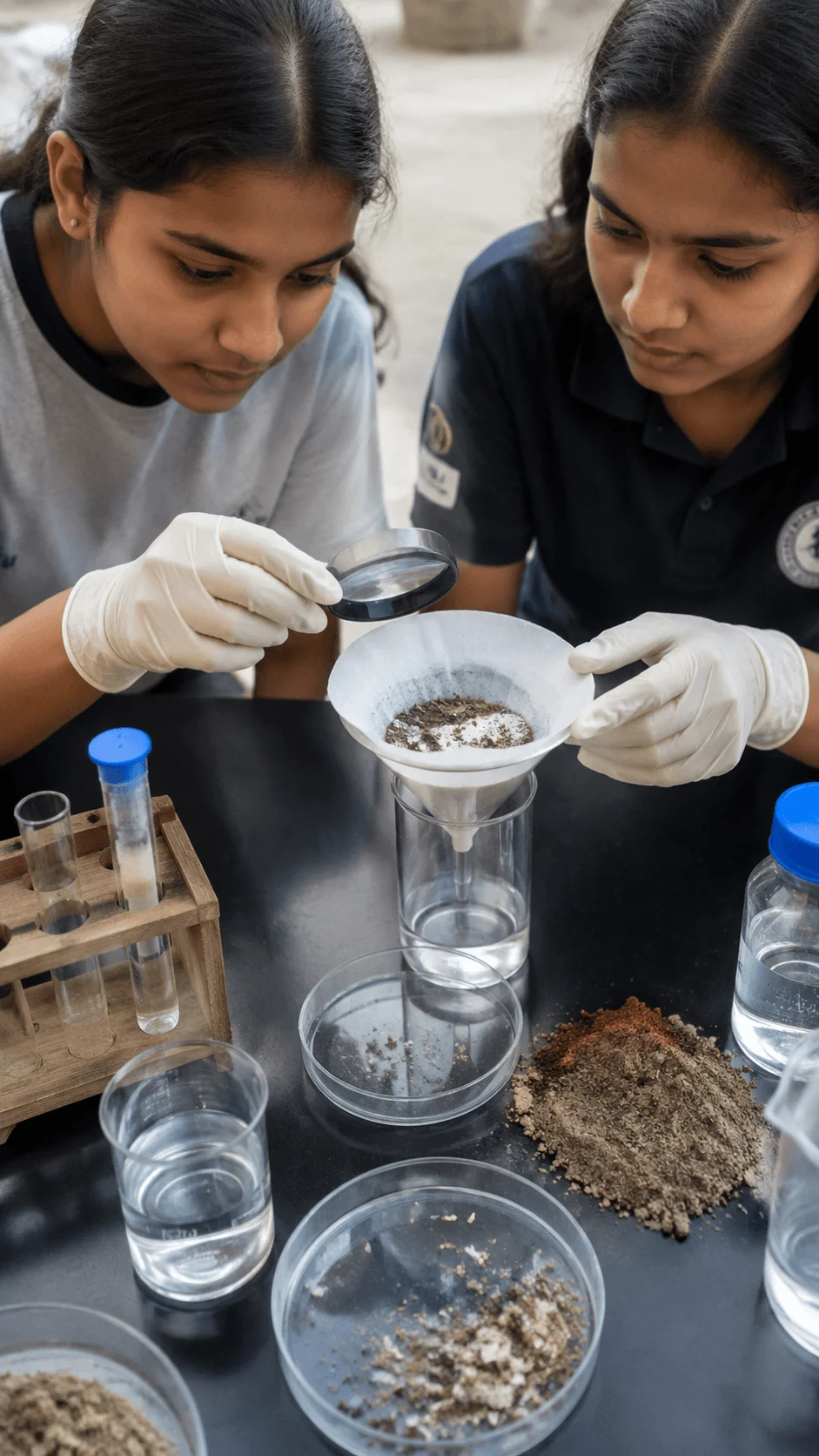 Students conducting a microplastic pollution detection experiment by filtering samples and examining particles with magnifying tools in an environmental science laboratory