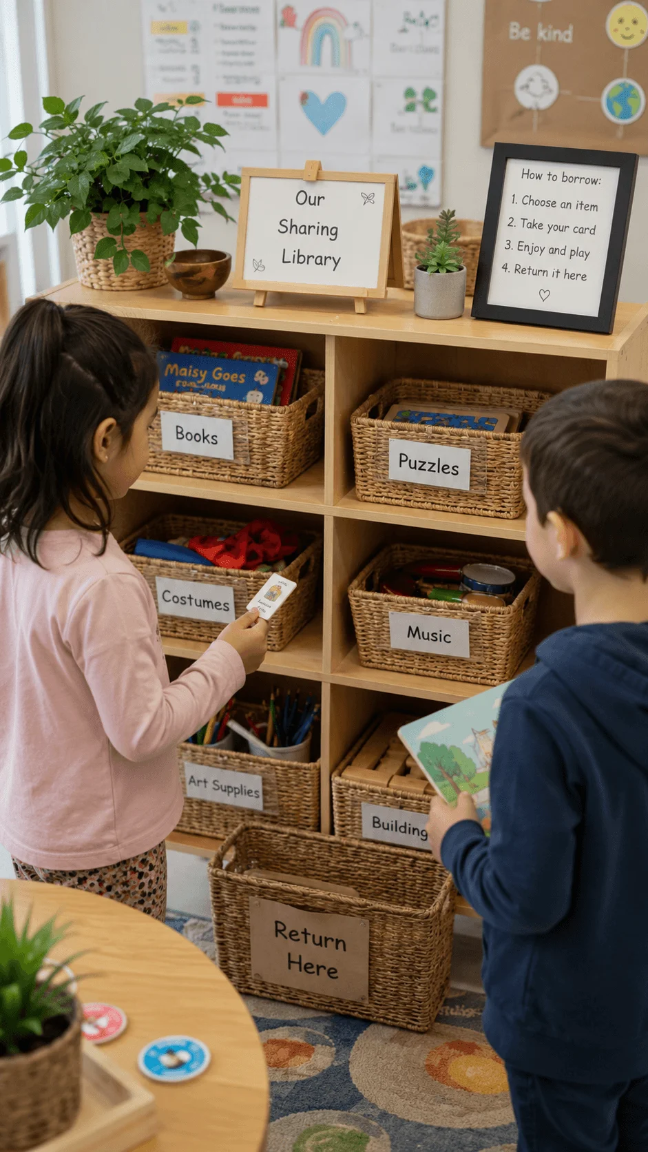 Children borrowing books puzzles costumes music and art supplies from a classroom sharing library that encourages mindful consumption and responsible reuse