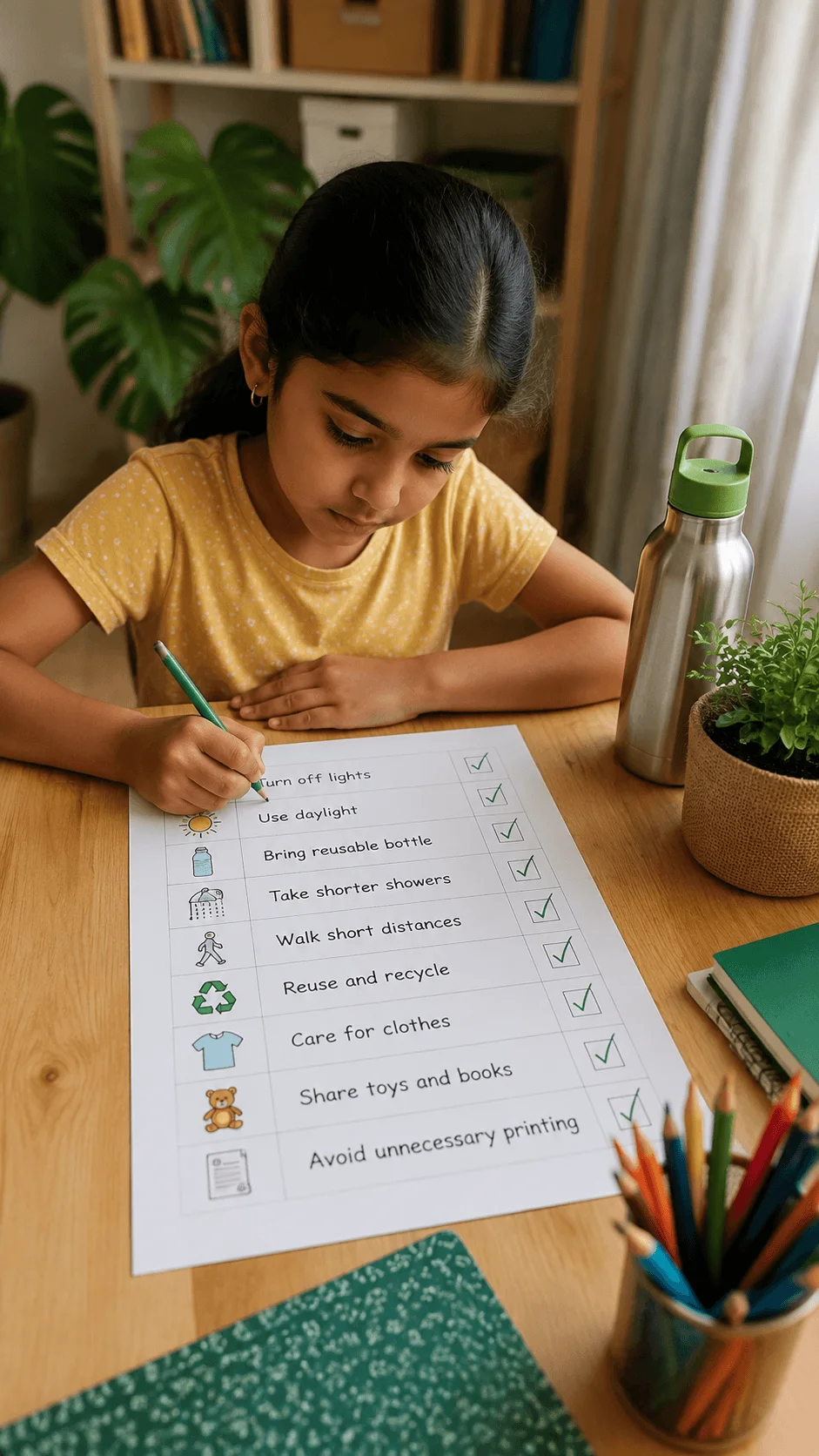 Child completing a mini carbon awareness challenge by tracking sustainable habits with a checklist, reusable bottle, and eco friendly actions at home