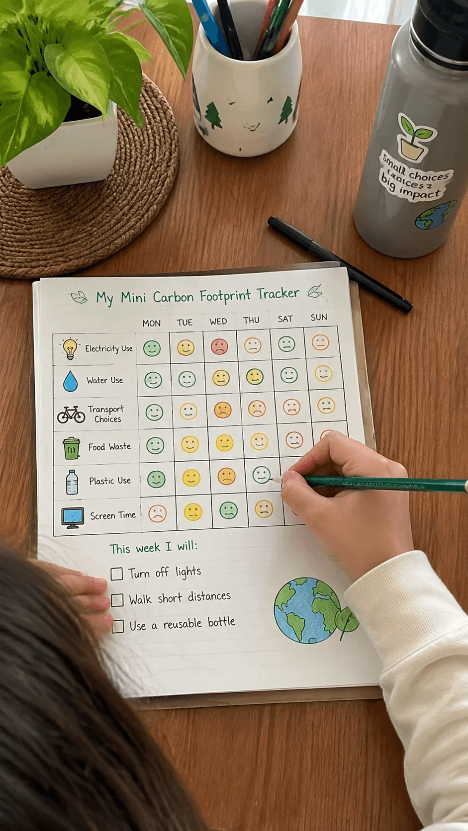 Child tracking daily carbon footprint habits with a sustainability chart showing electricity water transport food waste plastic use and screen time choices