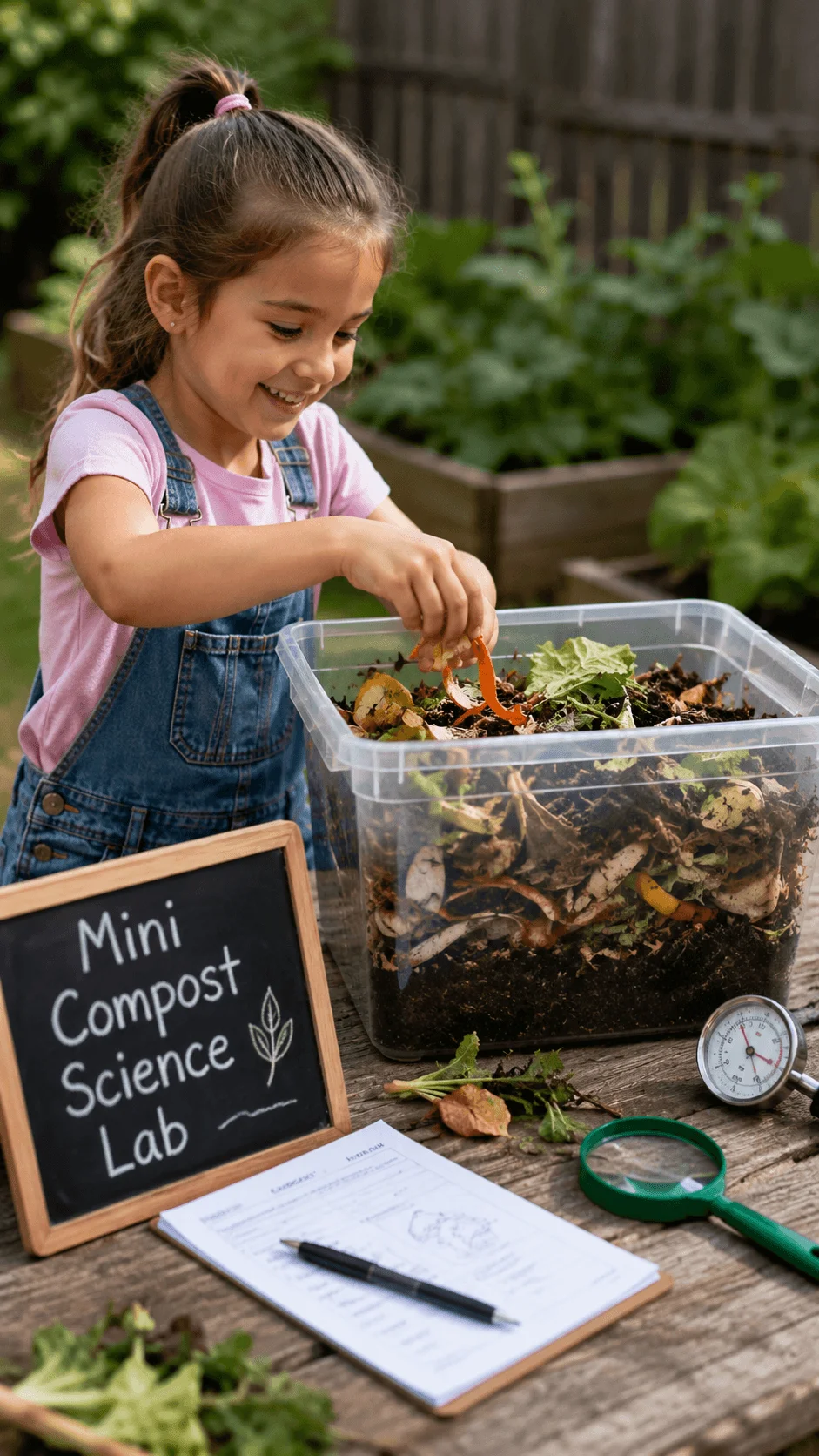 Child exploring food scraps and decomposition during a mini compost science lab experiment in a garden