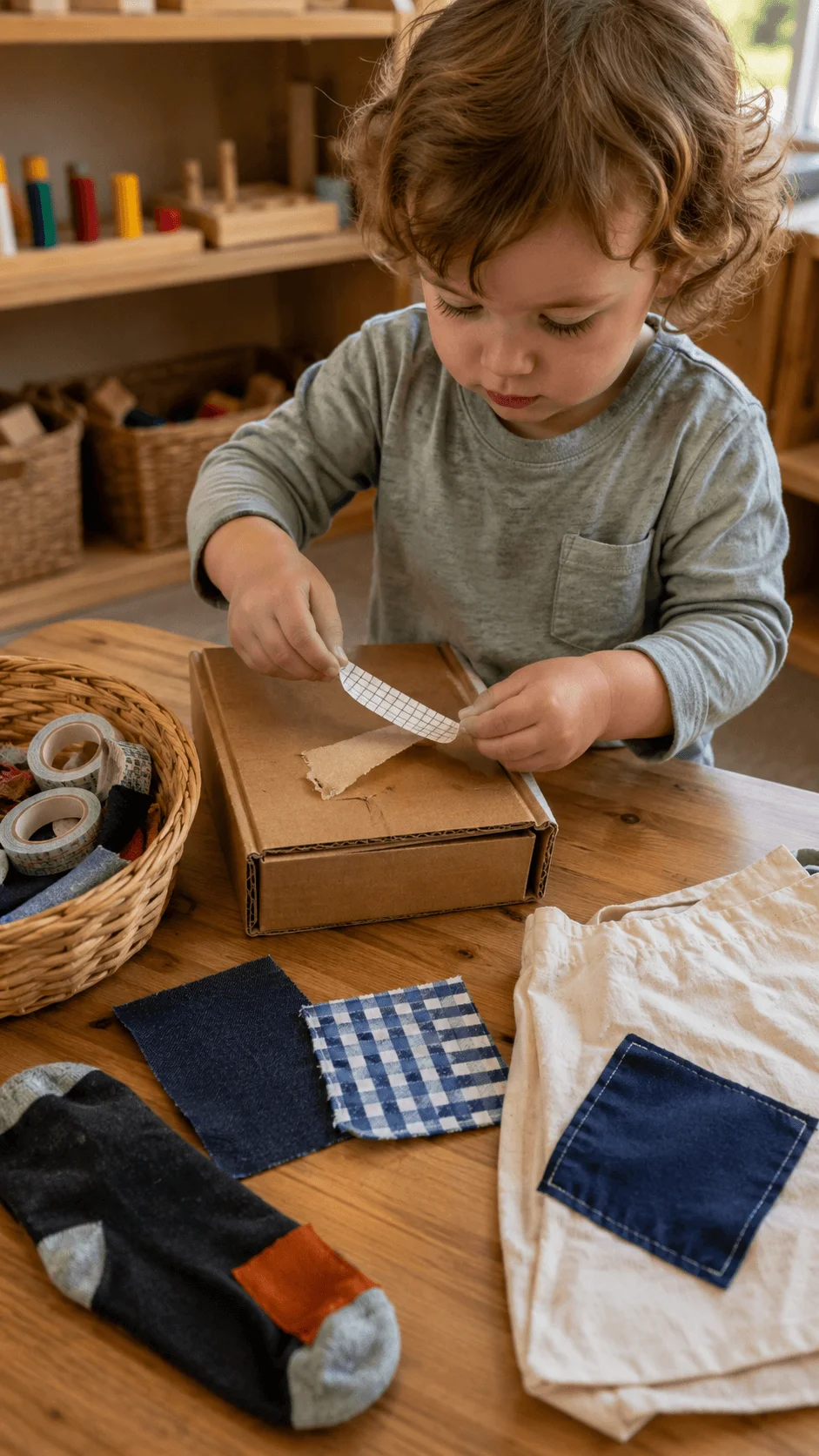 Toddler repairing a cardboard box with tape beside patched fabric and clothing items