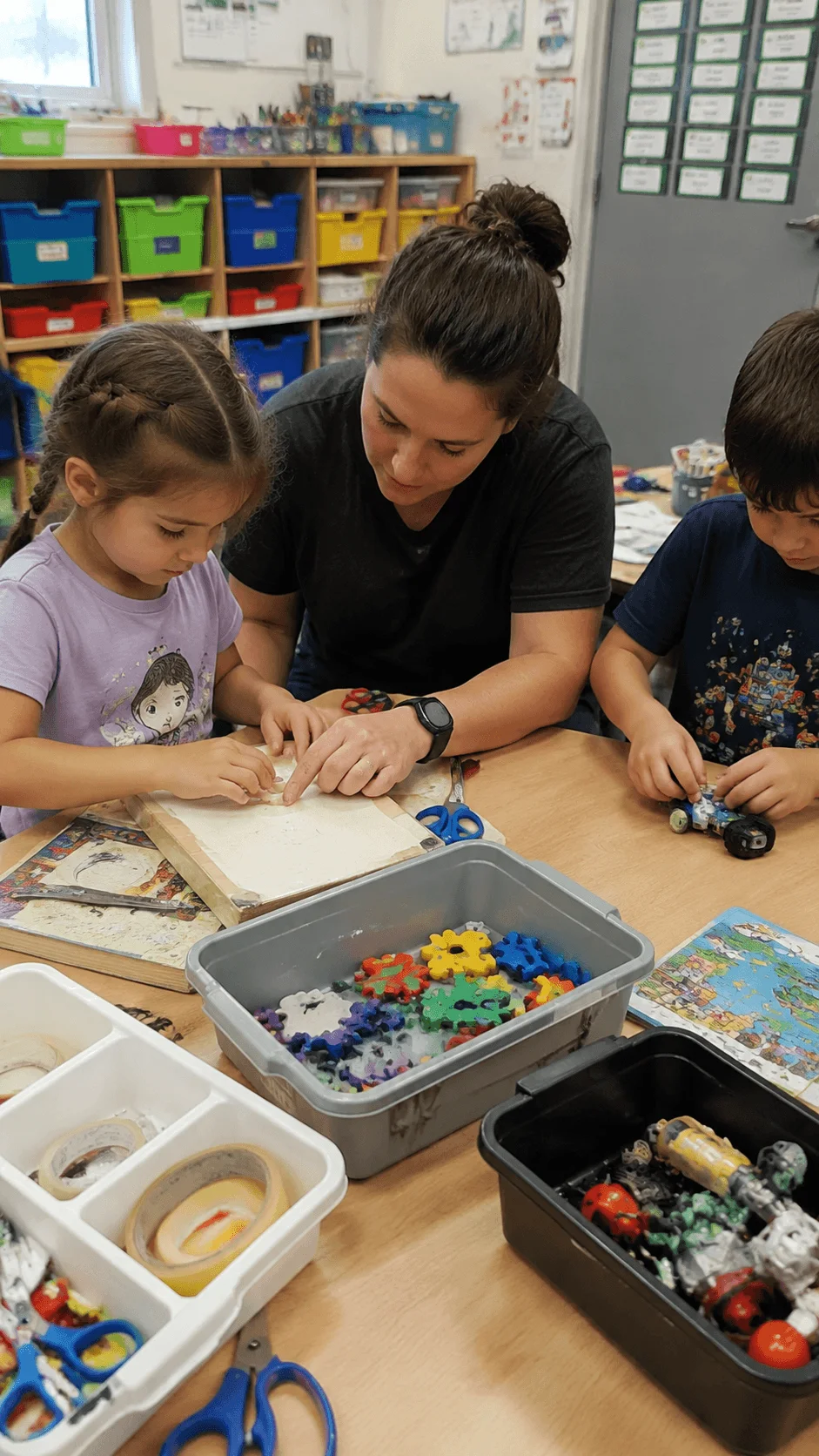 Children participating in a mini repair workshop with a teacher learning to fix and reuse classroom items through creative activities
