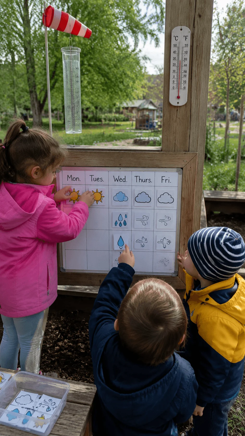 Children learning about weather patterns using a mini weather station with a calendar chart thermometer rain gauge and wind indicator outdoors