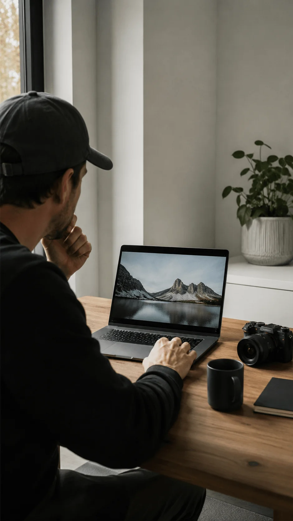 Photographer working on a laptop with a minimalist photo editing workflow in a clean workspace with a camera coffee mug and natural light
