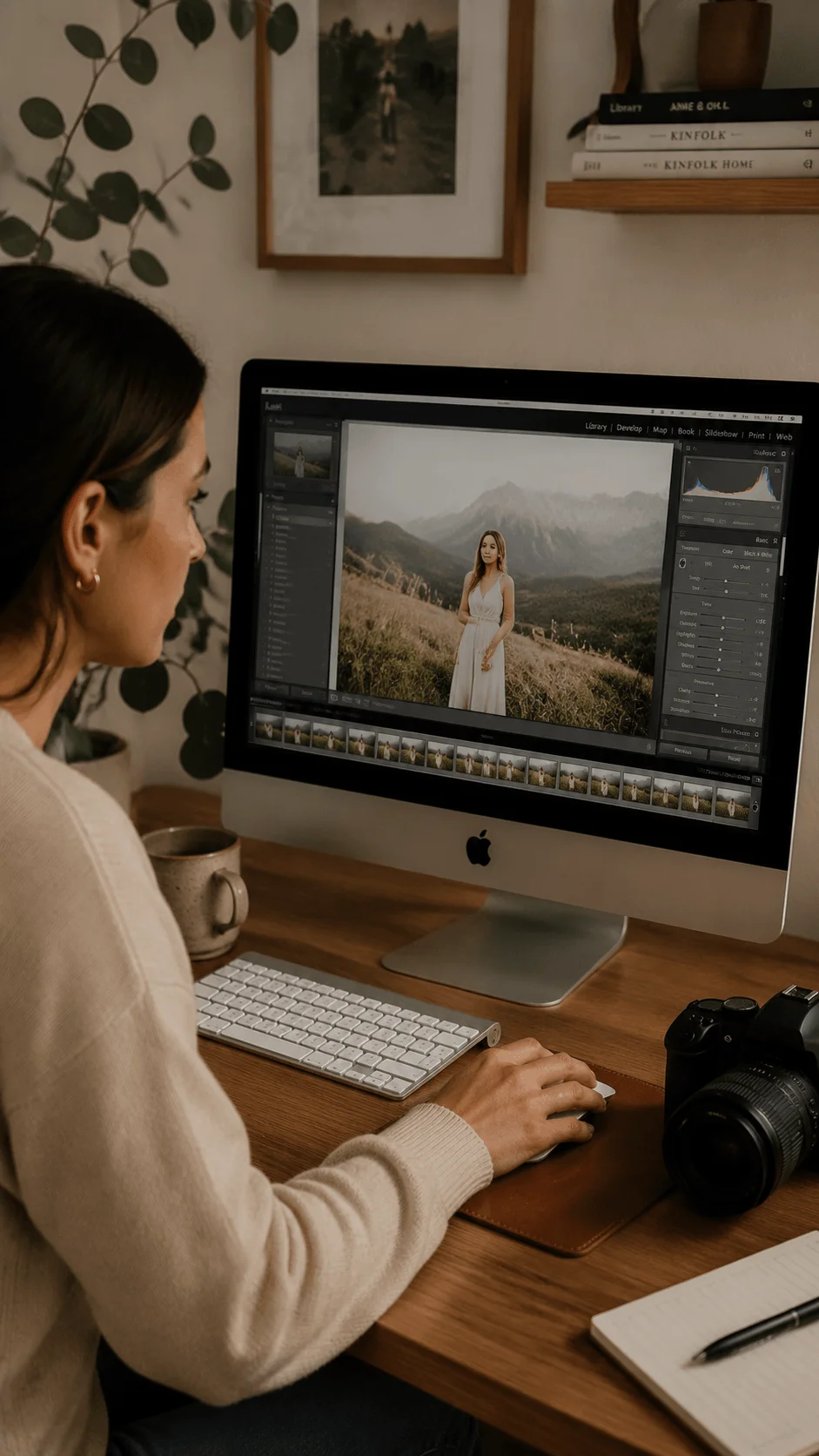 Minimal editing philosophy showing a photographer editing natural looking portraits on a computer with a camera beside the workspace and a focus on authentic photography style