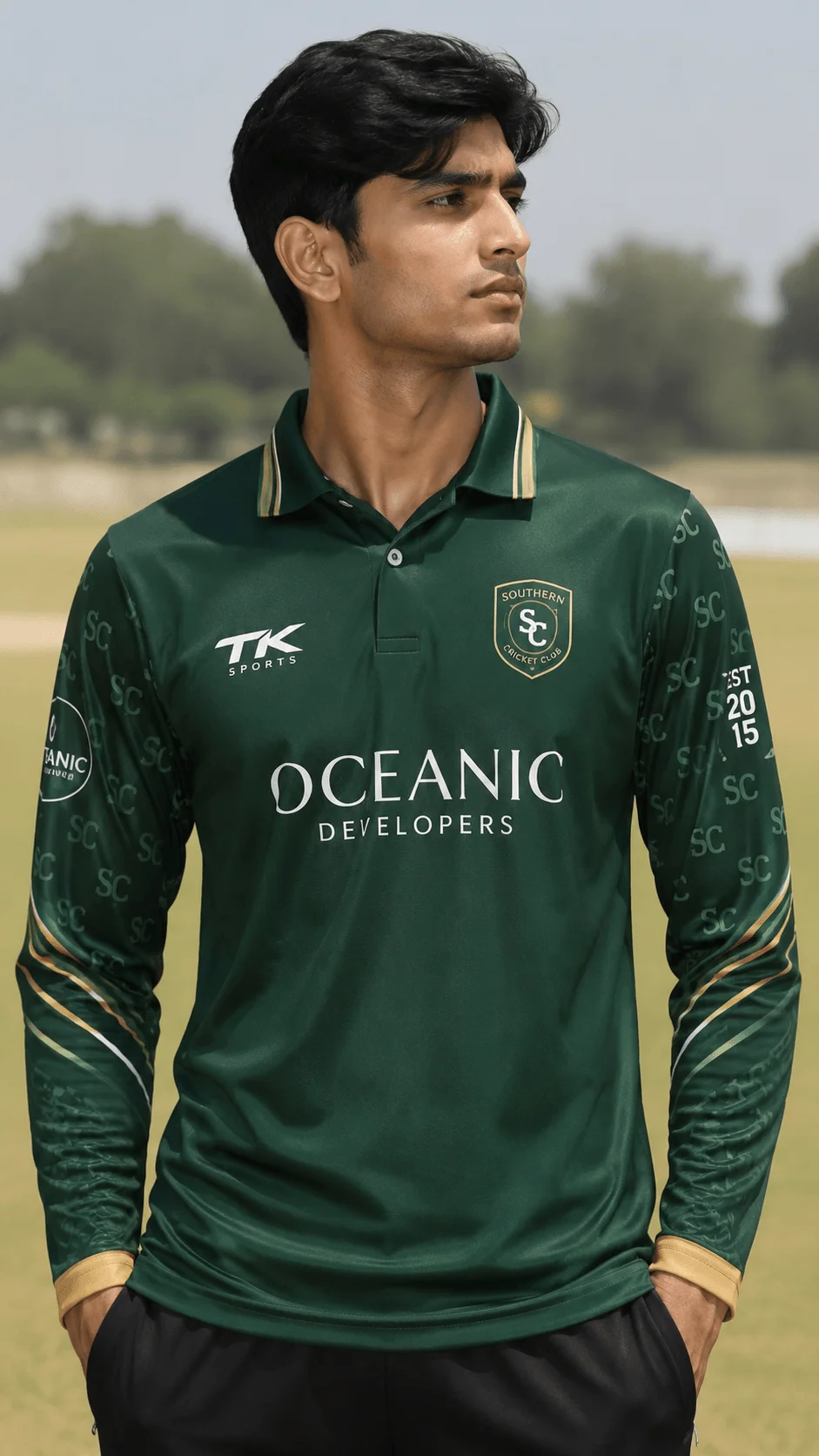 Minimal dark green full sleeve cricket jersey with patterned statement sleeves worn by a player on a cricket field