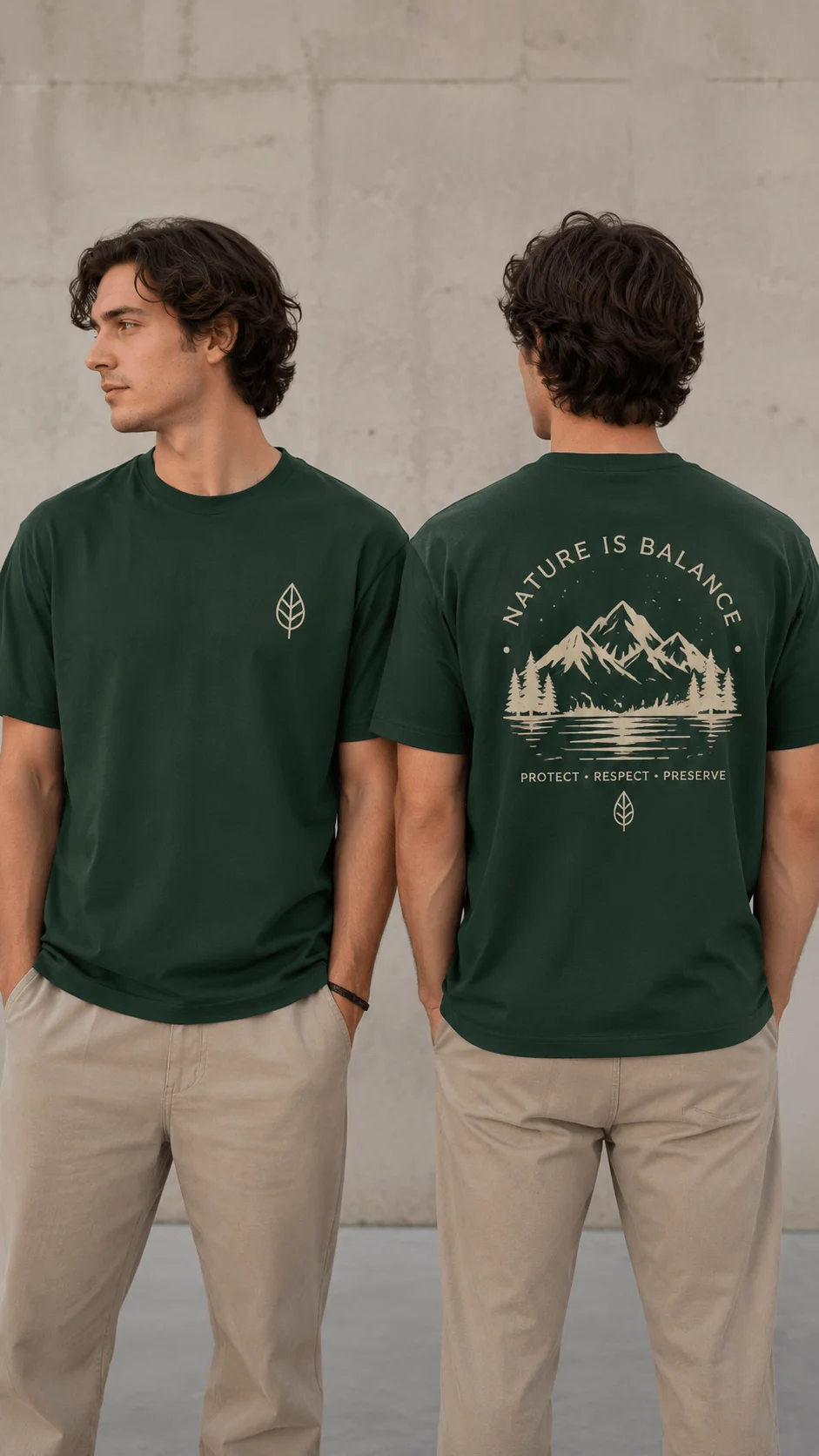 Minimal green T shirt design shown from the front and back with a small leaf symbol and a large mountain lake nature graphic