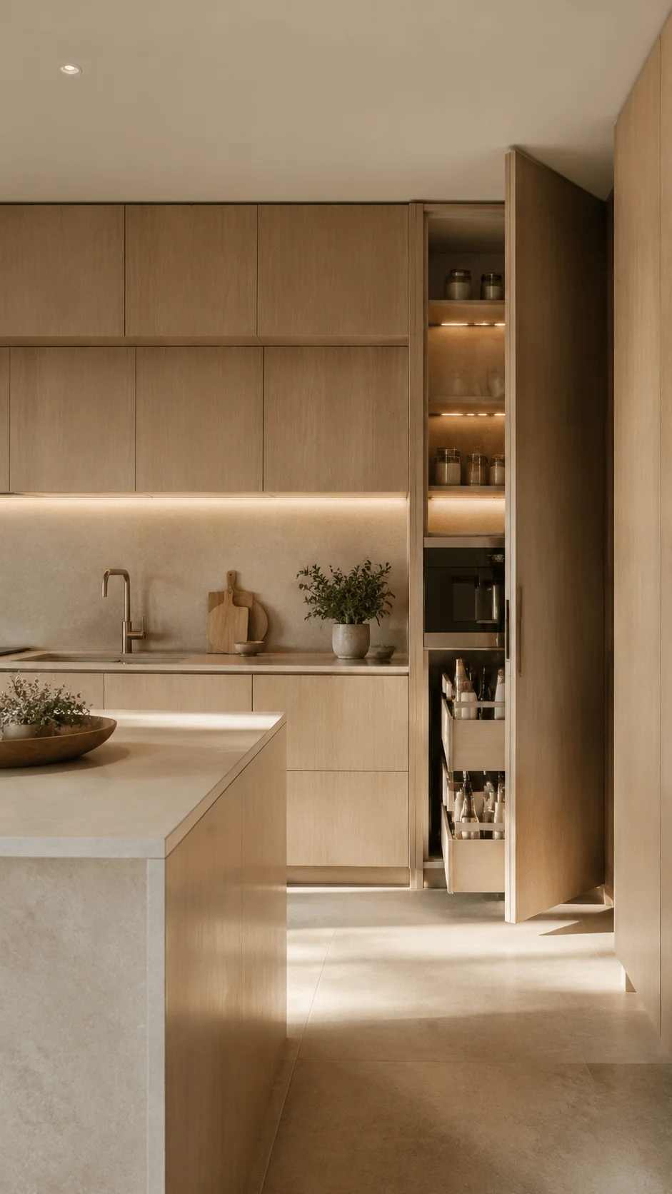 Minimalist eco kitchen with light wood cabinets, hidden storage solutions, clean countertops, integrated appliances, warm lighting, and a simple sustainable design creating a calm modern living space