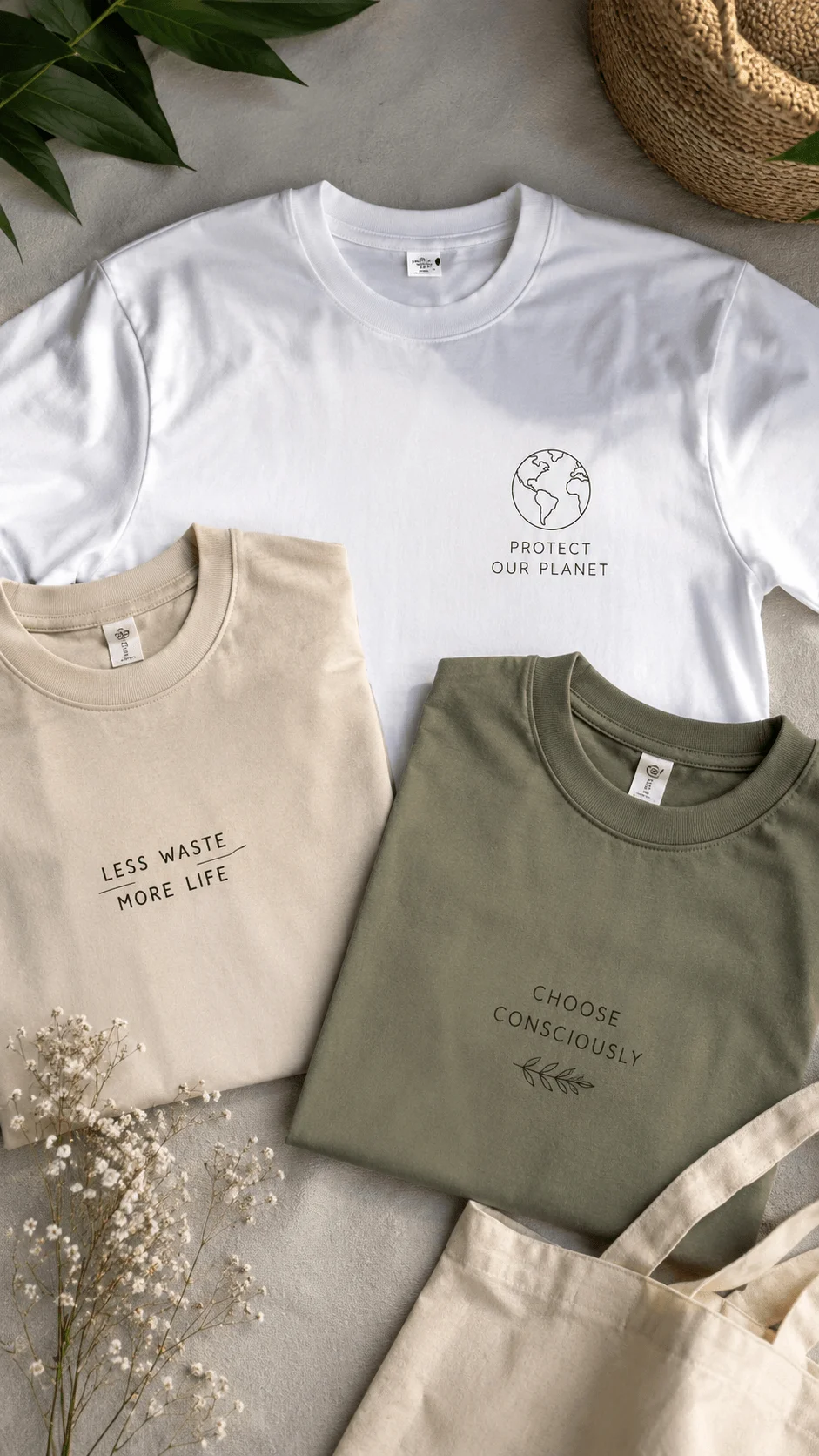Minimalist eco message t shirt designs featuring simple sustainable clothing with clean typography, earth inspired symbols, neutral colors, and environmental messages arranged in a modern aesthetic layout with natural decorative elements.