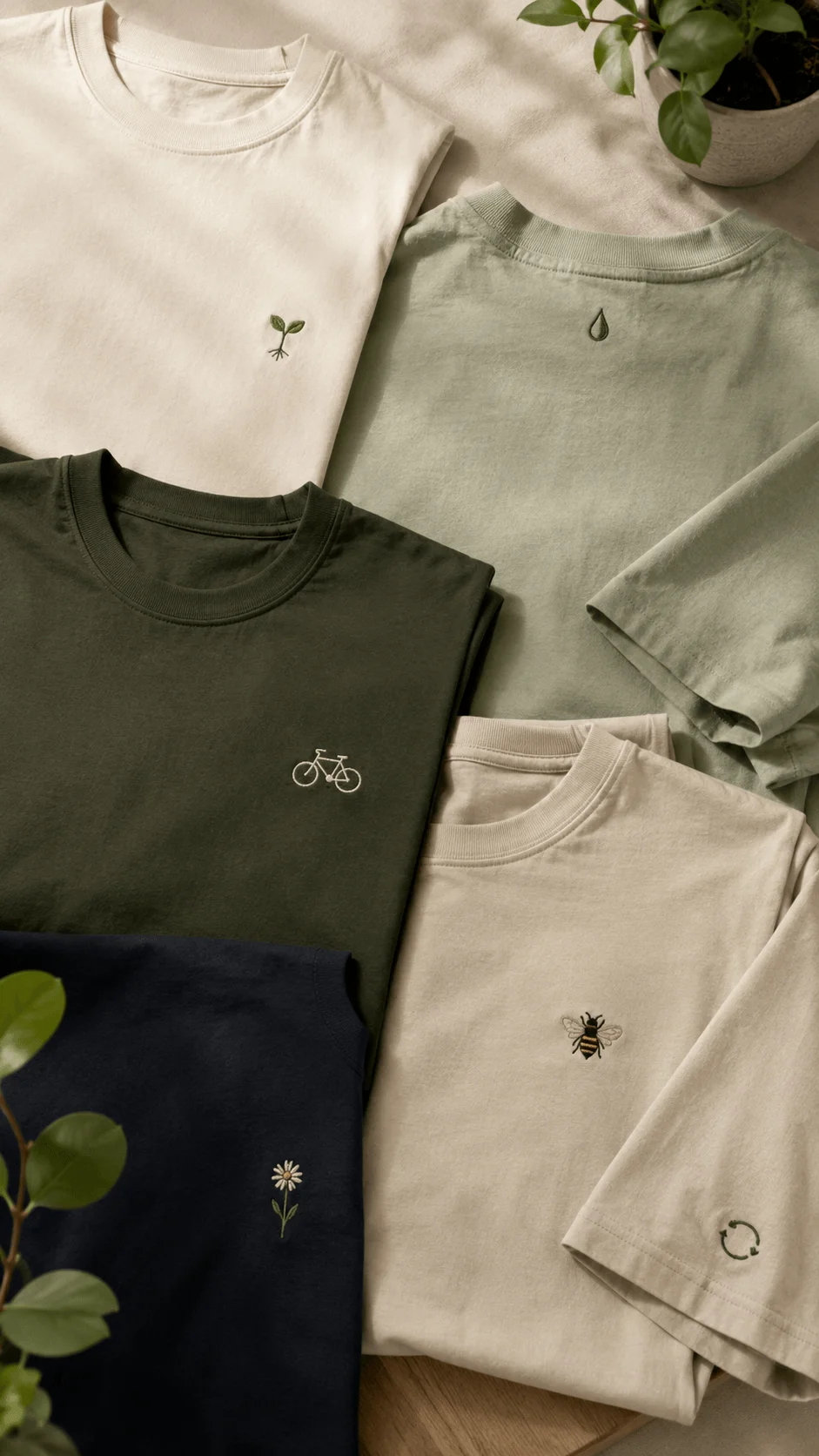 Minimalist environmental T shirts featuring small embroidered seedling water droplet bicycle bee flower and recycling symbols