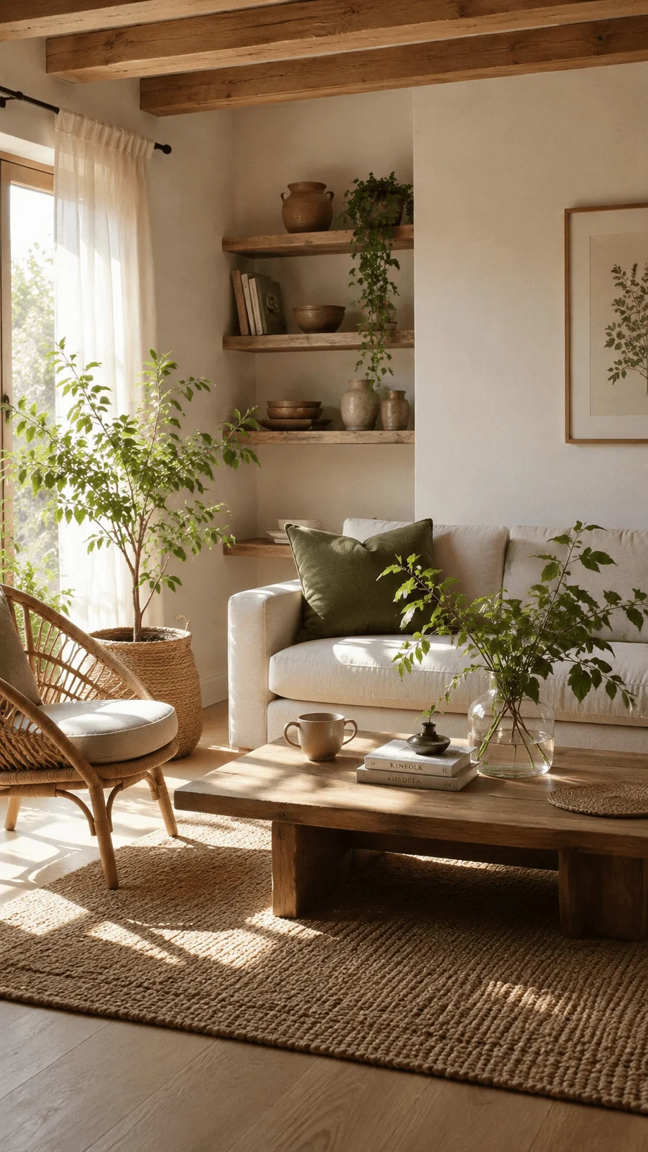 Minimalist green living room with indoor plants wooden furniture natural textures and sunlight creating a sustainable home aesthetic atmosphere