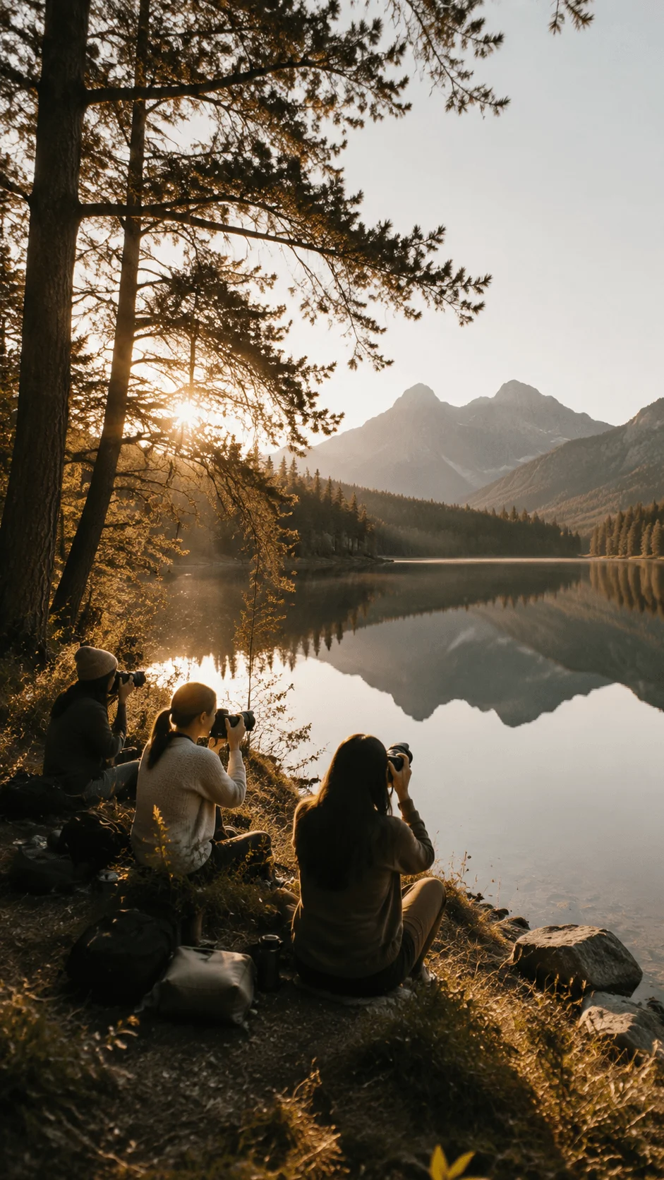 Minimalist natural light photography retreat with photographers capturing a peaceful mountain lake landscape during sunrise surrounded by trees, reflections, and serene wilderness scenery