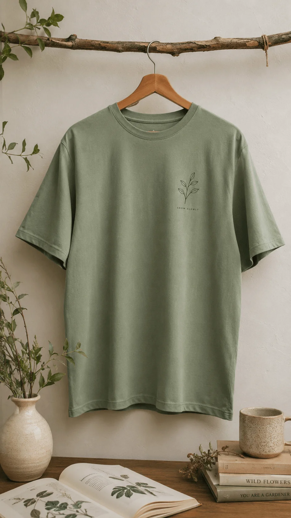 Minimalist sage green T shirt with a small botanical graphic displayed on a wooden hanger beside plants and gardening books