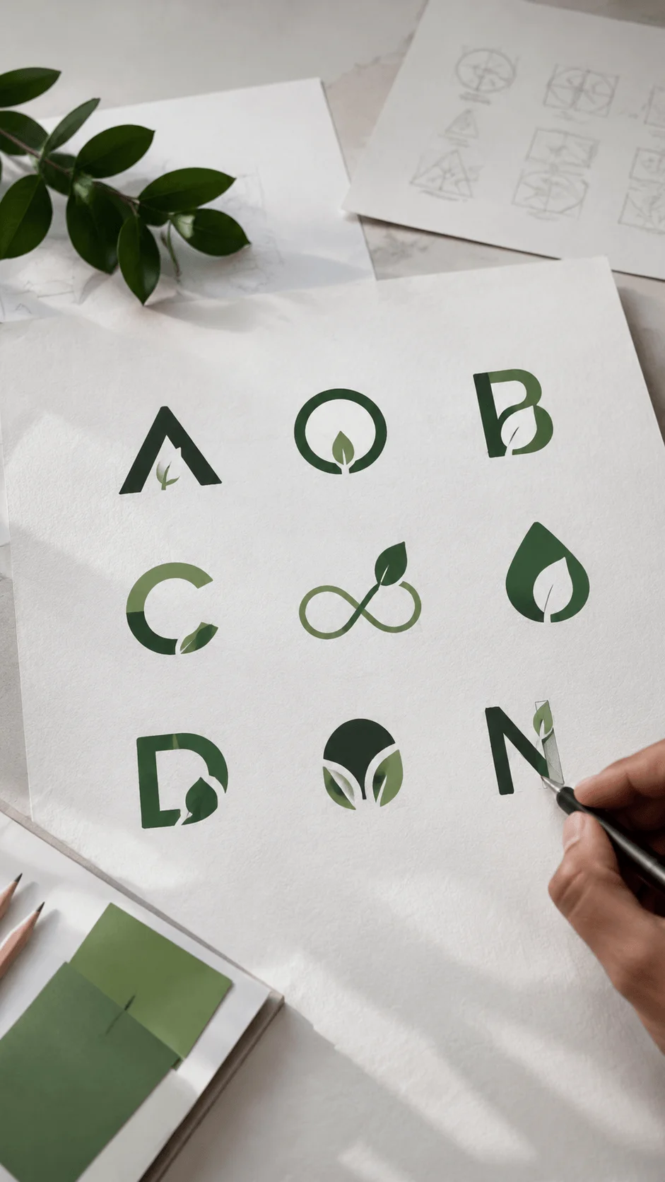 Minimalist sustainable logo design concepts featuring hidden nature inspired symbols, leaf elements, geometric shapes and eco branding sketches on paper with a designer creating green identity ideas