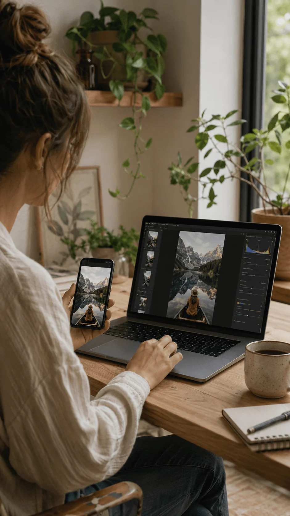 Photographer editing a landscape image on a laptop while viewing it on a smartphone in a sustainable mobile first photography workflow with plants and a natural workspace