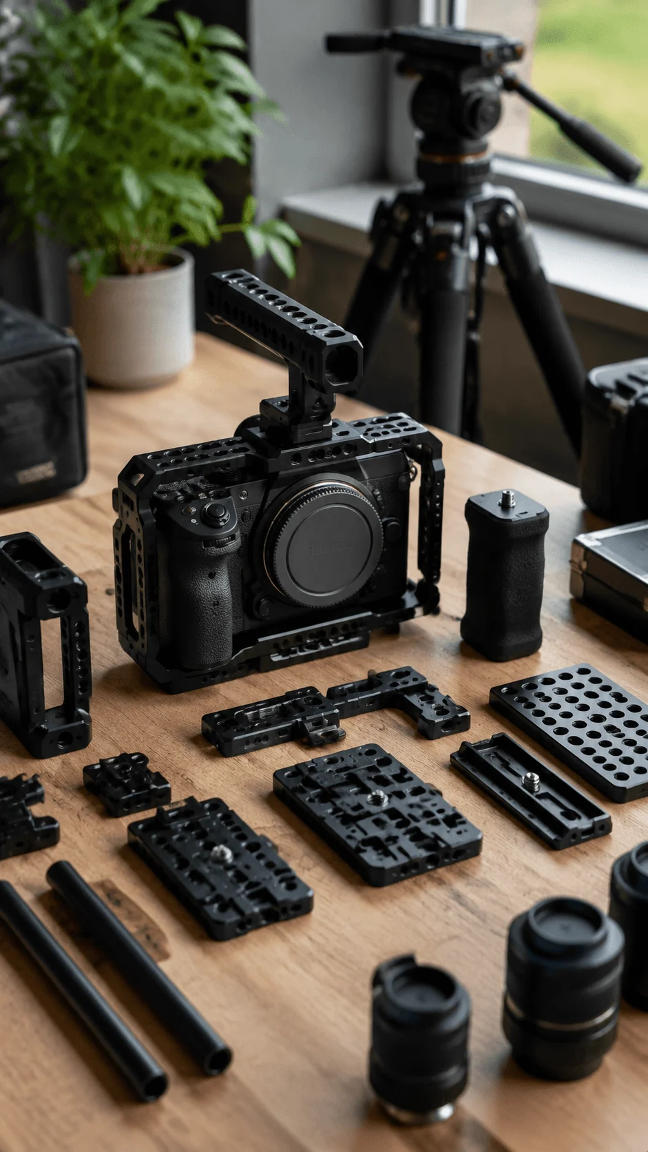 Modular camera accessories setup featuring a mirrorless camera cage, detachable handles, mounting plates, tripod, and lenses arranged on a wooden workspace