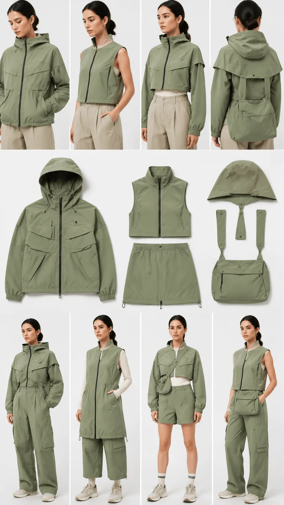 Modular fashion design featuring transformable clothing with multiple wearable styles, detachable jacket components, and versatile sustainable garment concepts displayed in a modern fashion presentation