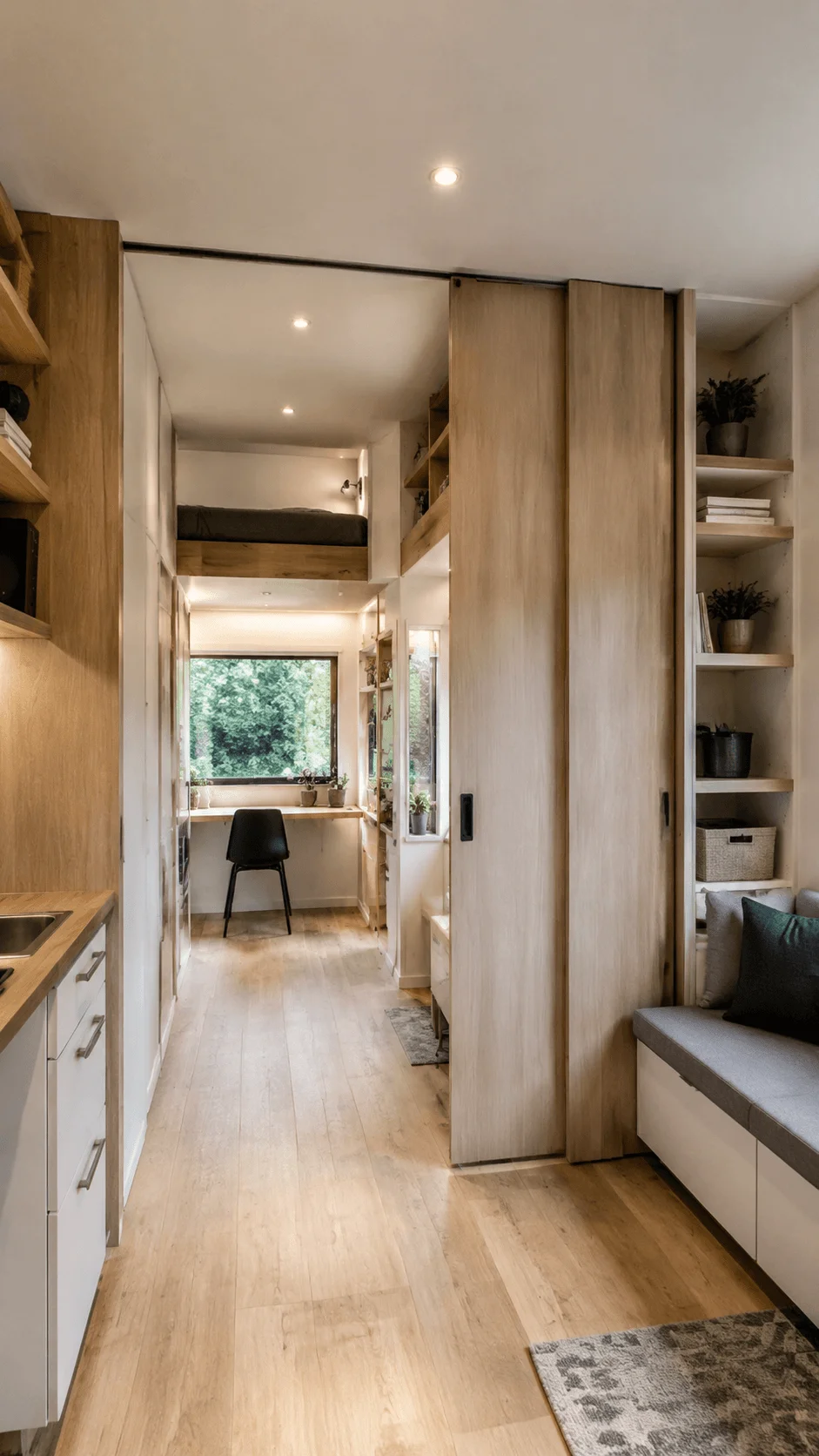 Modular interior walls in a sustainable mini house featuring flexible sliding partitions multifunctional spaces and modern minimalist wood design