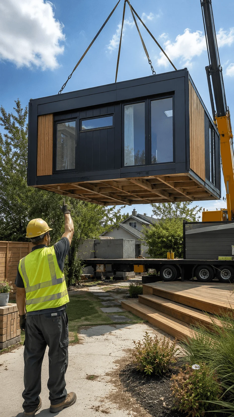 Modern modular sustainable ADU being installed by crane with prefabricated construction energy efficient design contemporary wood exterior factory built housing and fast eco friendly building installation