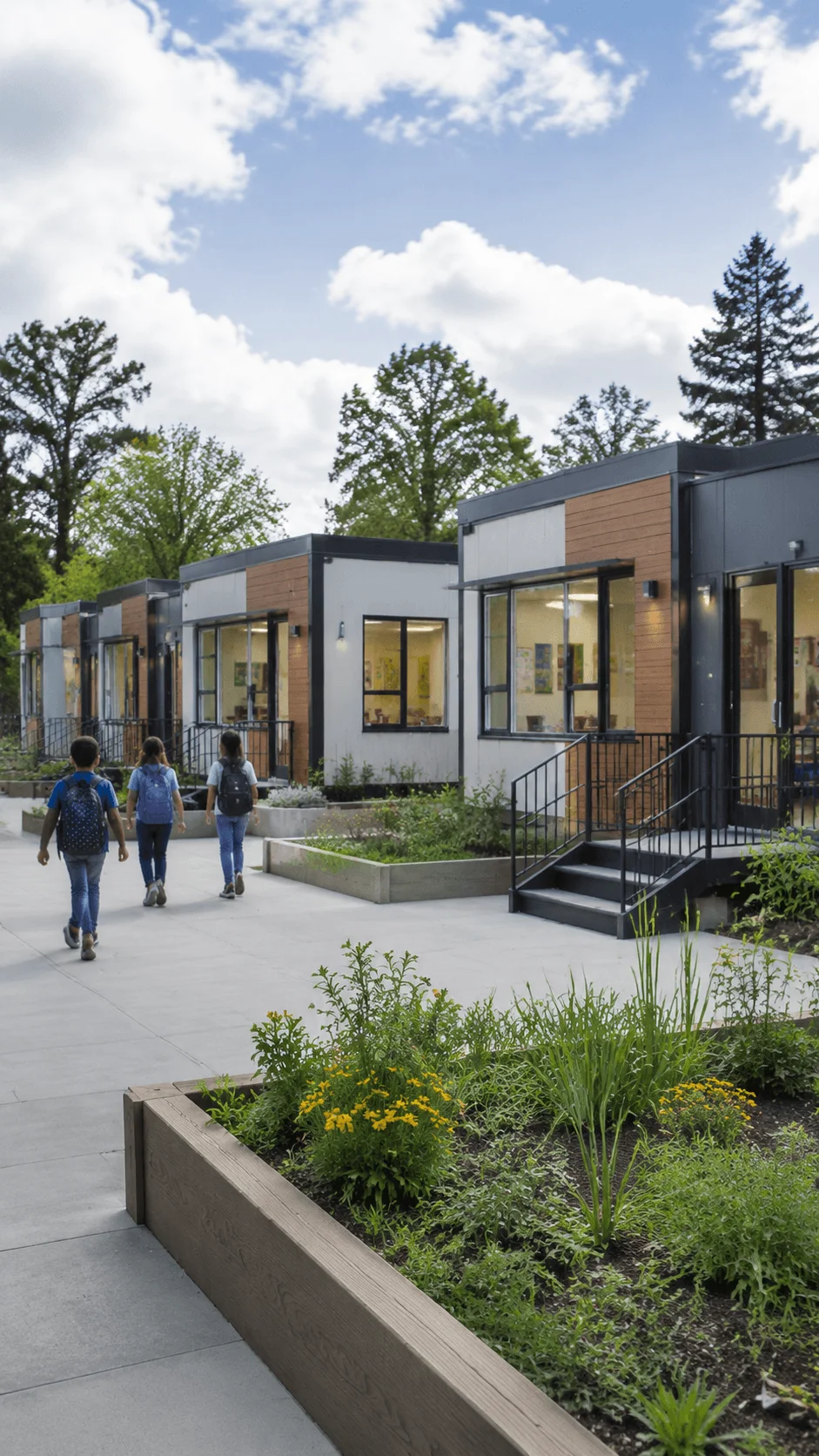 Modular sustainable school buildings featuring flexible prefabricated classrooms green landscaping modern architecture and students walking through an eco friendly campus