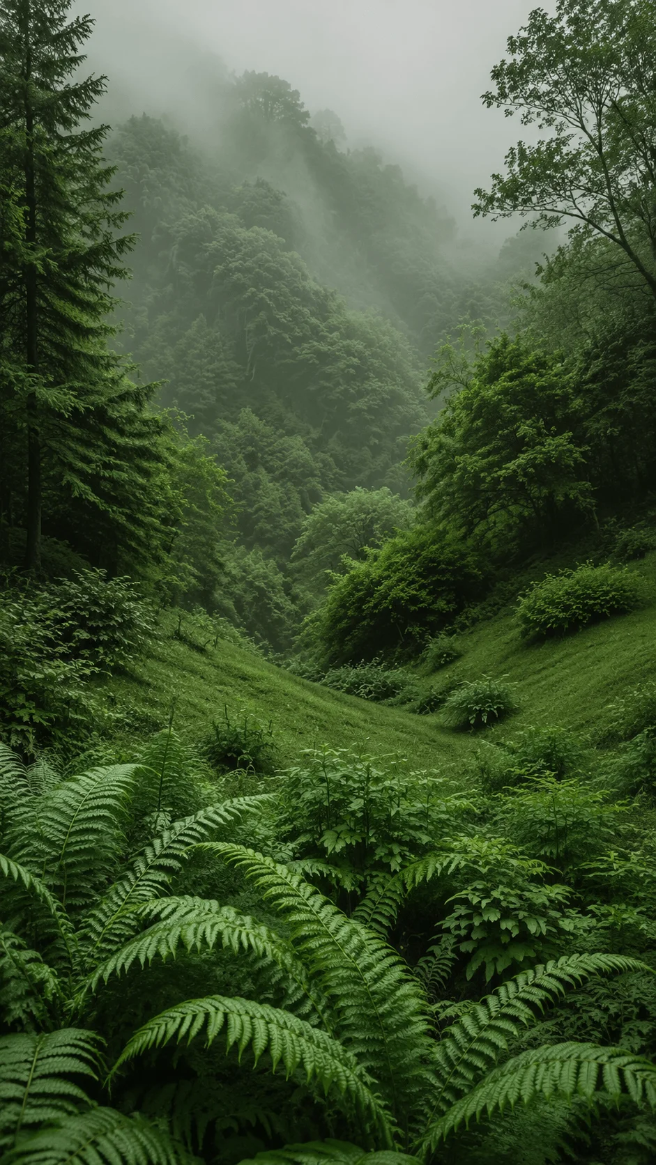 Monochrome green landscape with a misty forest valley, lush ferns, dense trees, soft natural light, and layered shades of green creating a peaceful nature inspired background