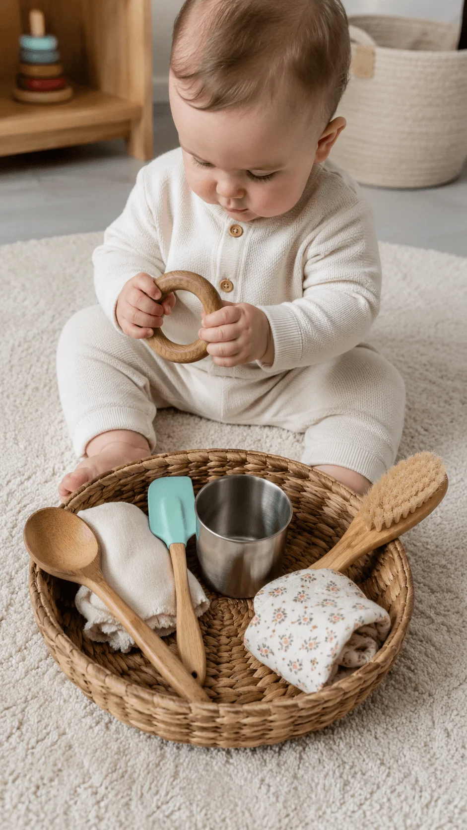 Baby exploring a wooden ring beside a basket of sustainable sensory play items