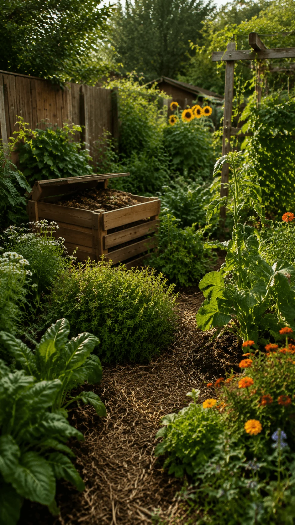Regenerative garden with compost box healthy soil organic mulch vegetable plants and diverse greenery supporting natural ecosystem restoration and sustainable gardening practices