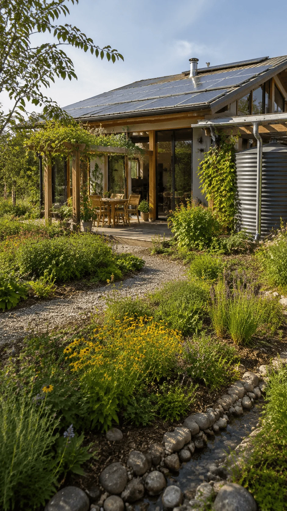 Regenerative sustainable home with solar panels rainwater harvesting native landscaping and natural garden ecosystem restoring the surrounding environment