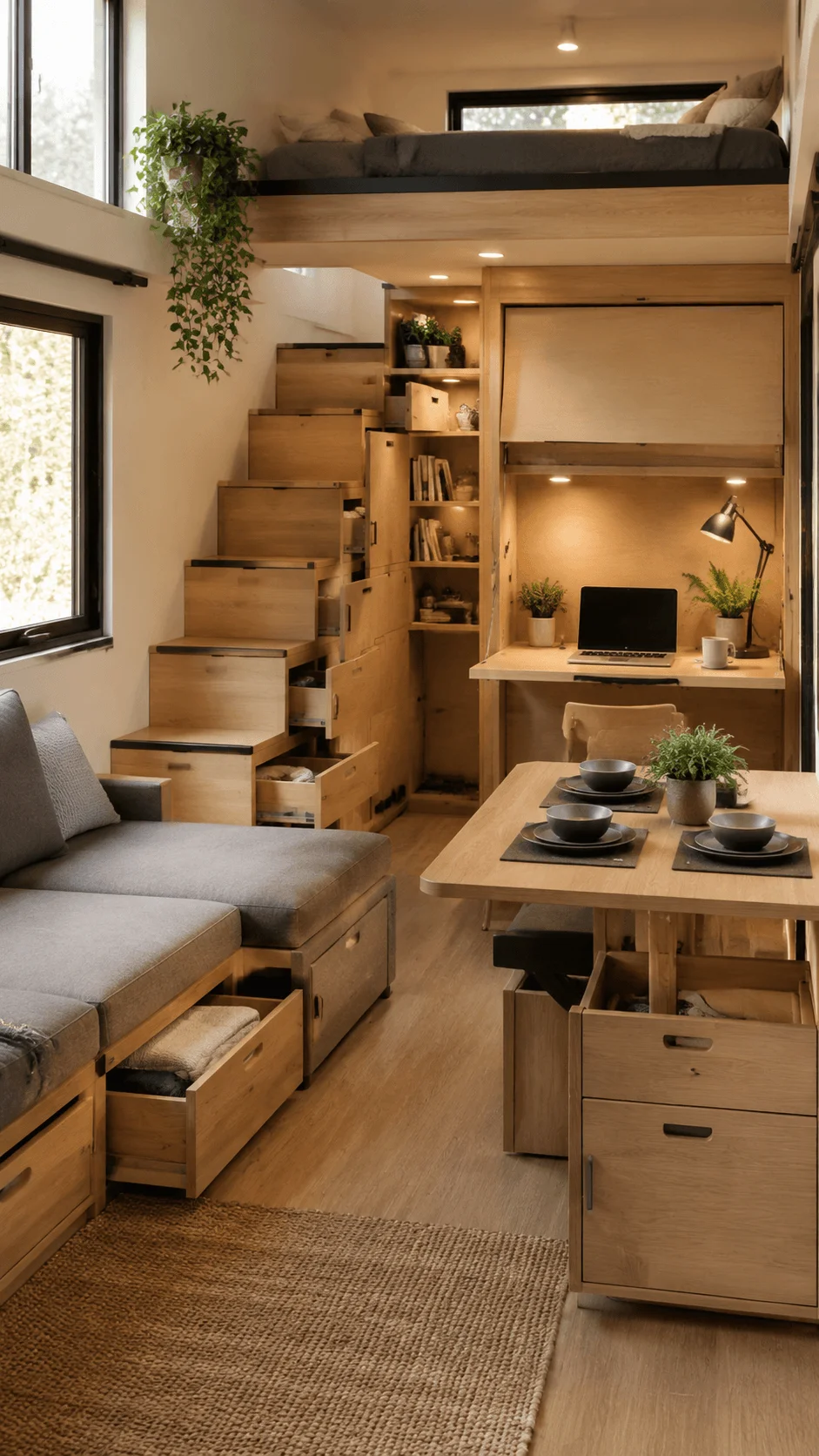 Multifunctional furniture with hidden storage in a sustainable mini house featuring space saving wooden furniture built in drawers and smart compact living design