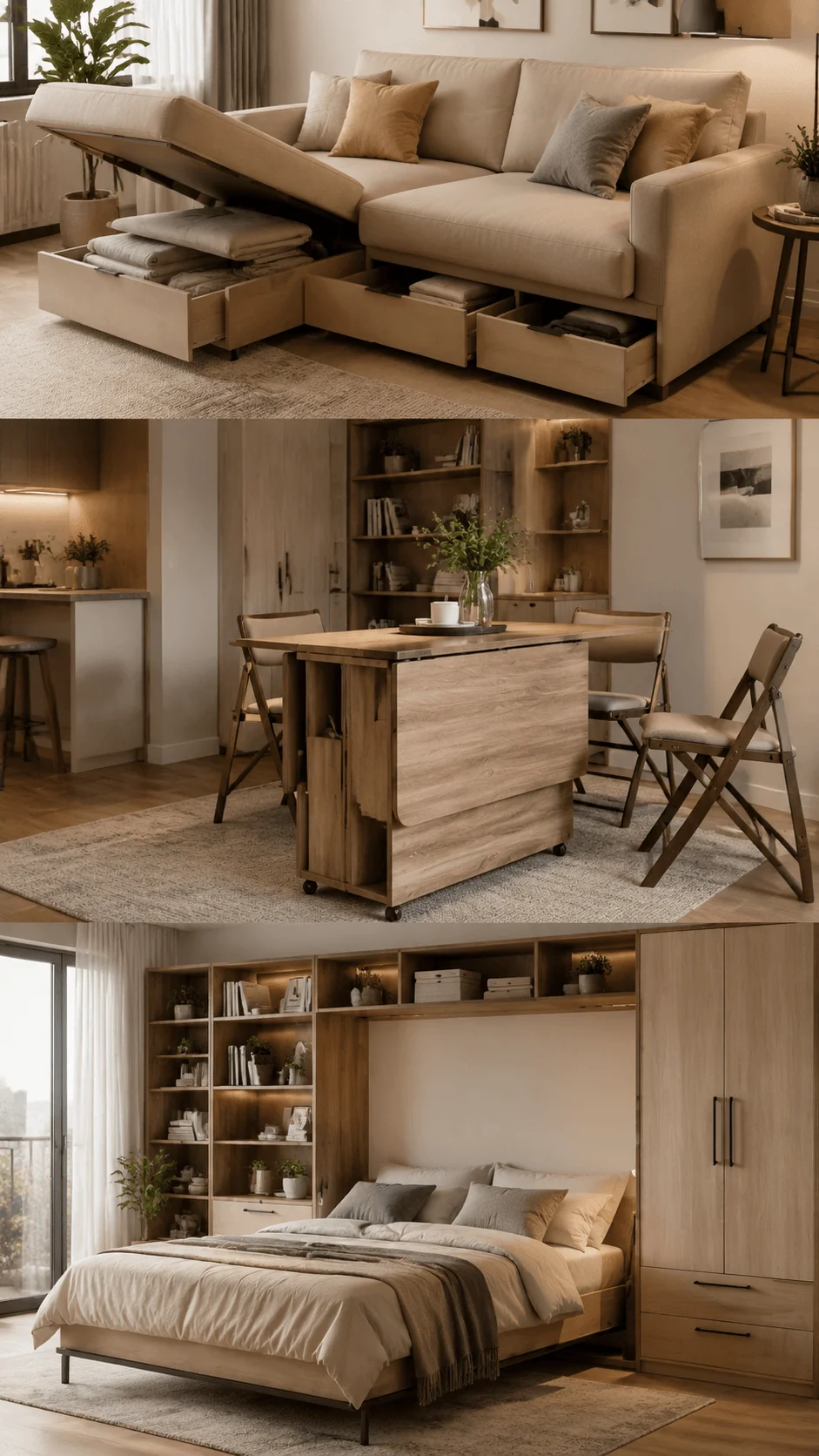 Multifunctional sustainable furniture featuring a modern home interior with storage sofa, foldable dining table, adaptable bedroom furniture, wooden designs, and space saving eco friendly solutions