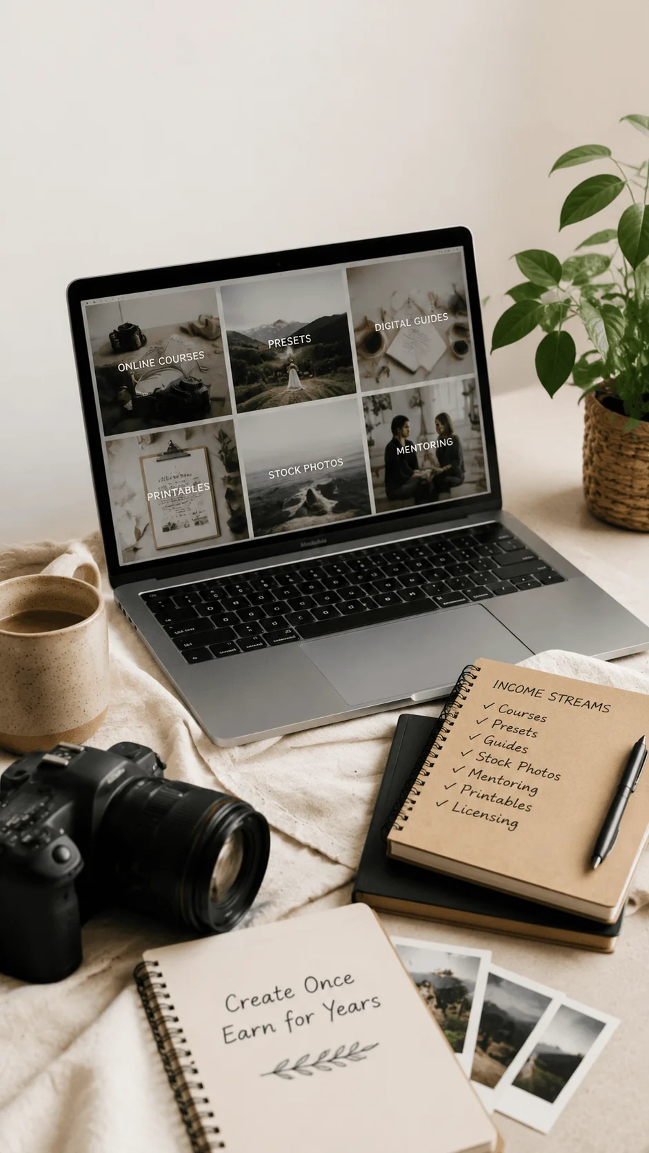 Multiple sustainable income streams for photographers showing a laptop with digital products online courses presets guides stock photos and mentoring alongside camera equipment and creative planning notebooks