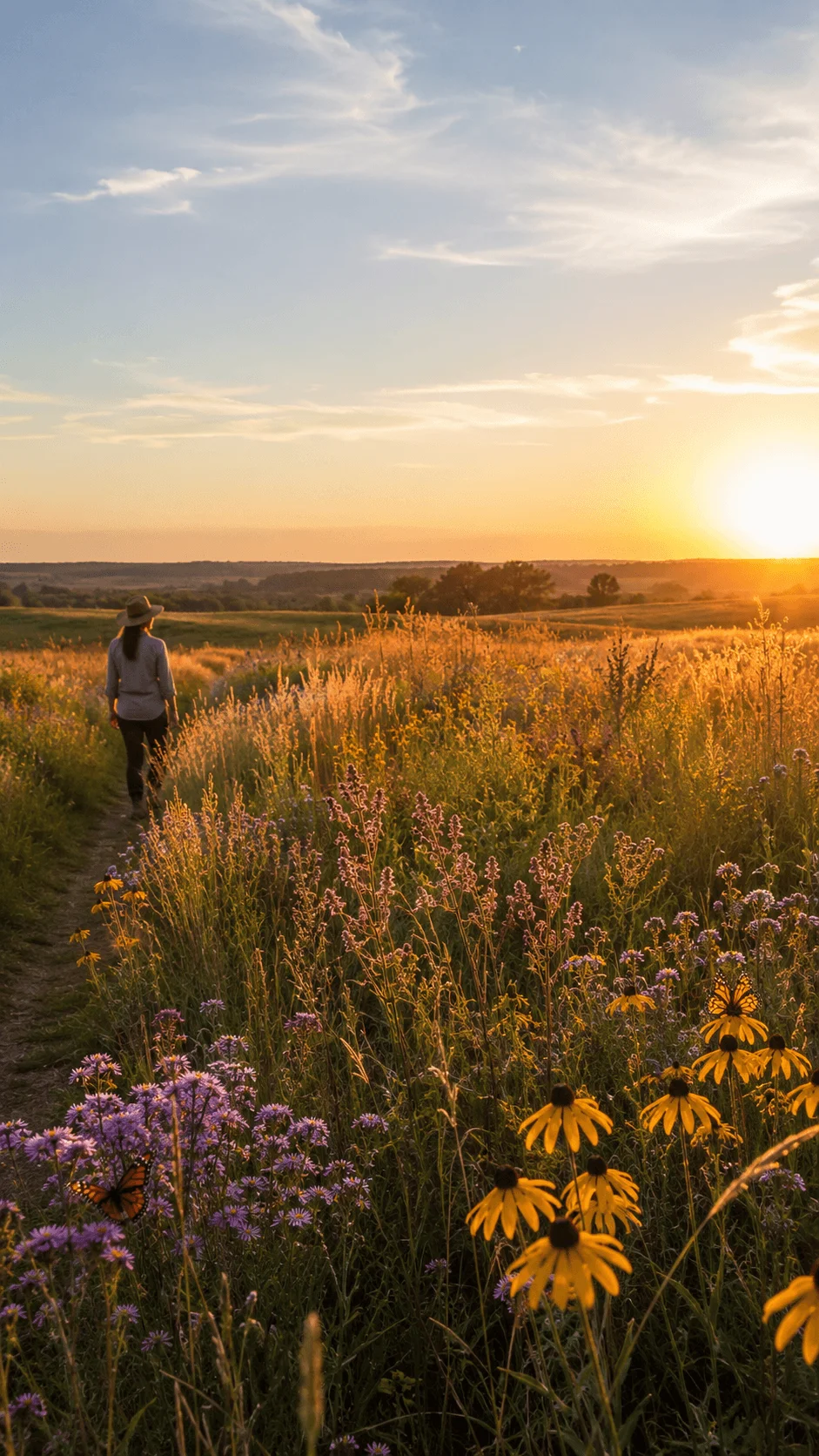 Native prairie landscape with tall grasses, colorful wildflowers, butterflies, open fields, and a person walking through a peaceful meadow during a golden sunset with a wide natural sky