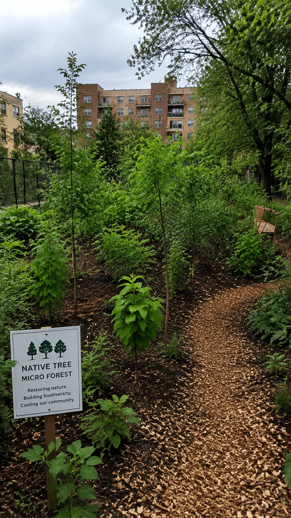 Native tree micro forest project showing a small urban forest with young native trees, green plants, biodiversity restoration, and a community nature conservation area in a city environment
