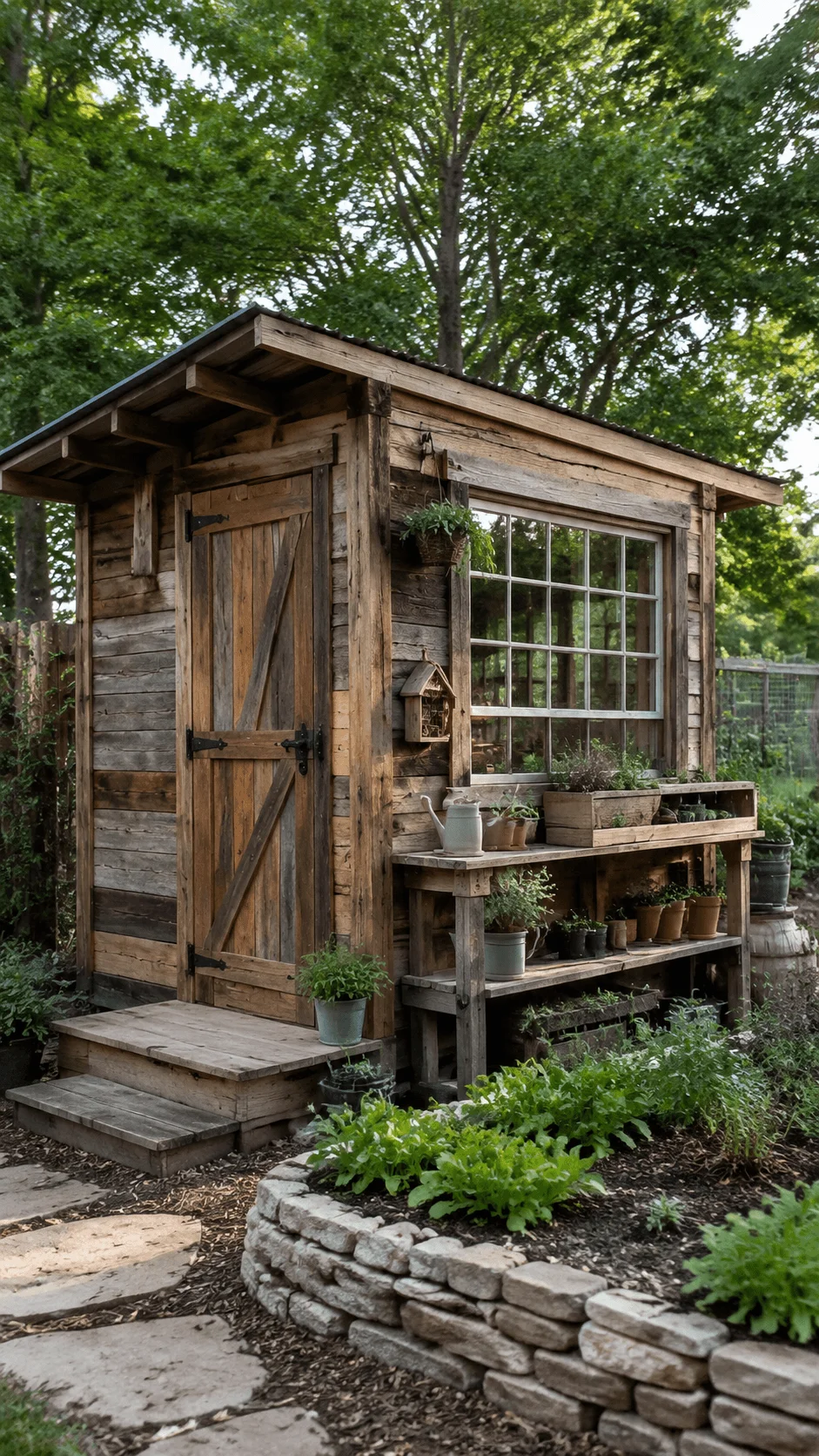 Natural building project using reclaimed wood and earth friendly materials with rustic garden shed vegetable beds stone pathway and sustainable backyard landscape
