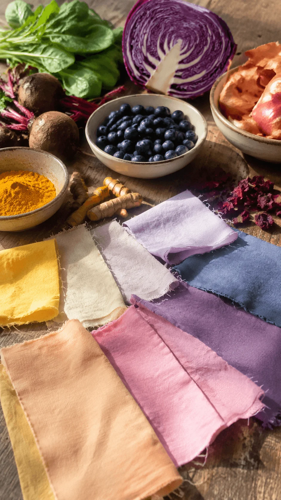 Natural fabric dye experiment with colorful textile samples created using plants vegetables fruits and spices for sustainable fashion crafting