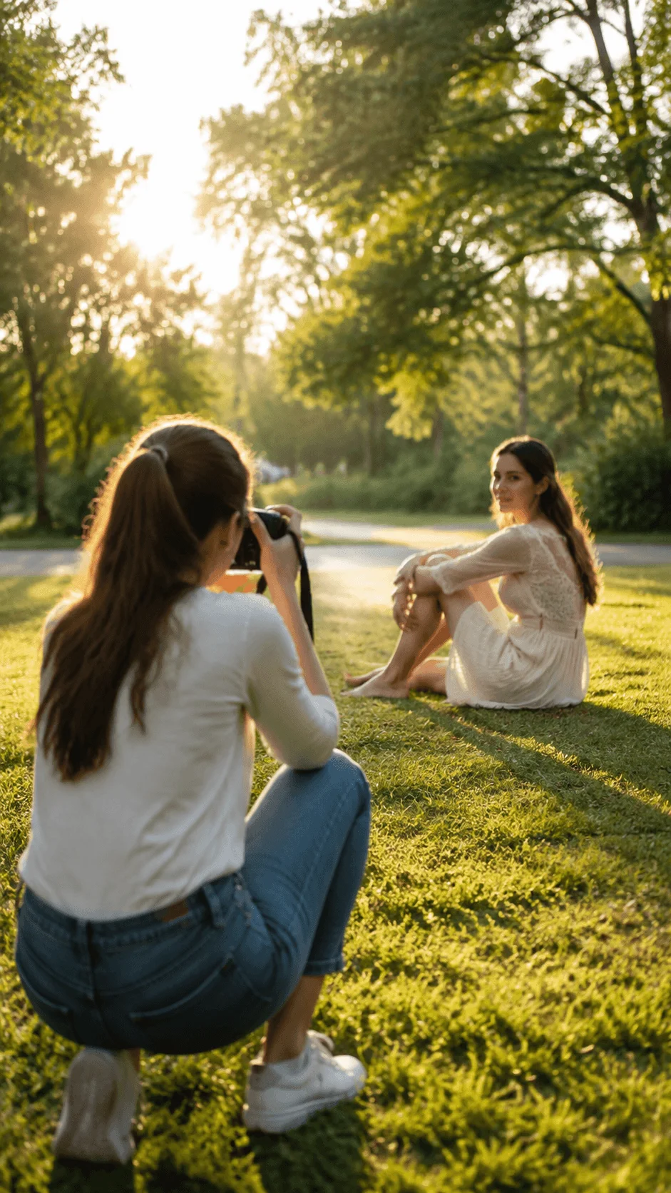 Natural light photography session in a green park showing a photographer capturing a portrait outdoors with soft sunlight and a natural sustainable lifestyle setting