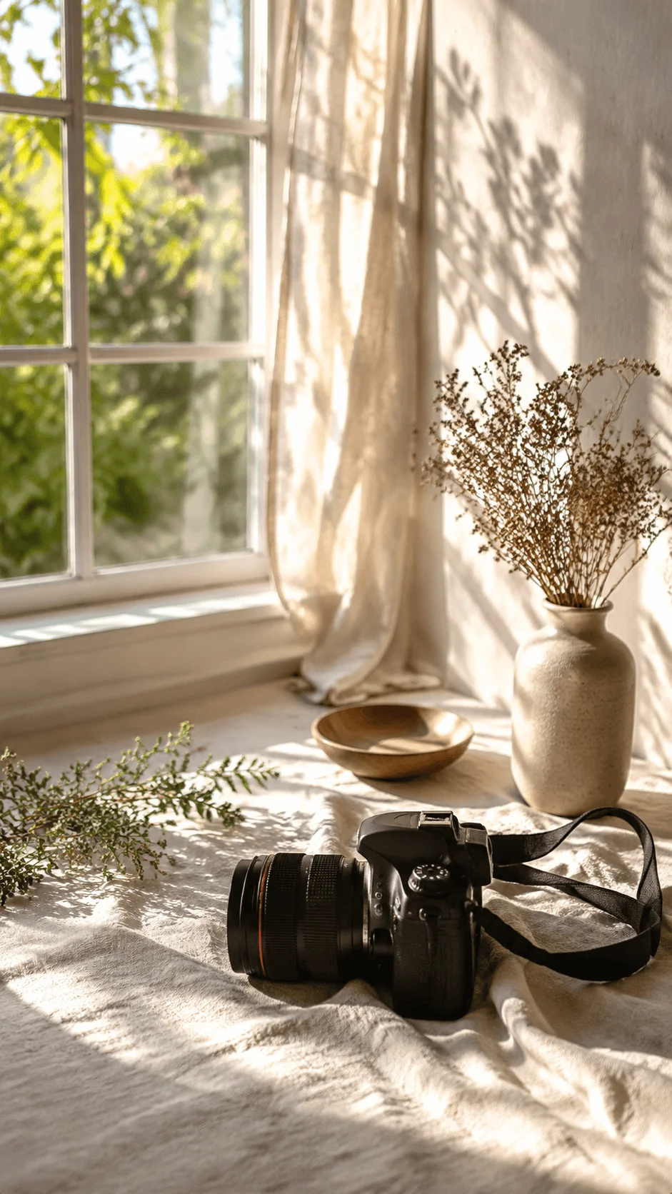 Natural light sustainable photography techniques with a camera beside a window and organic decor