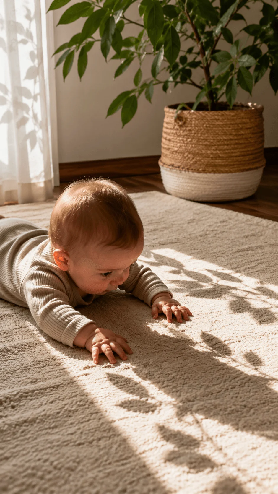 Baby enjoying natural light and leaf shadows during tummy time