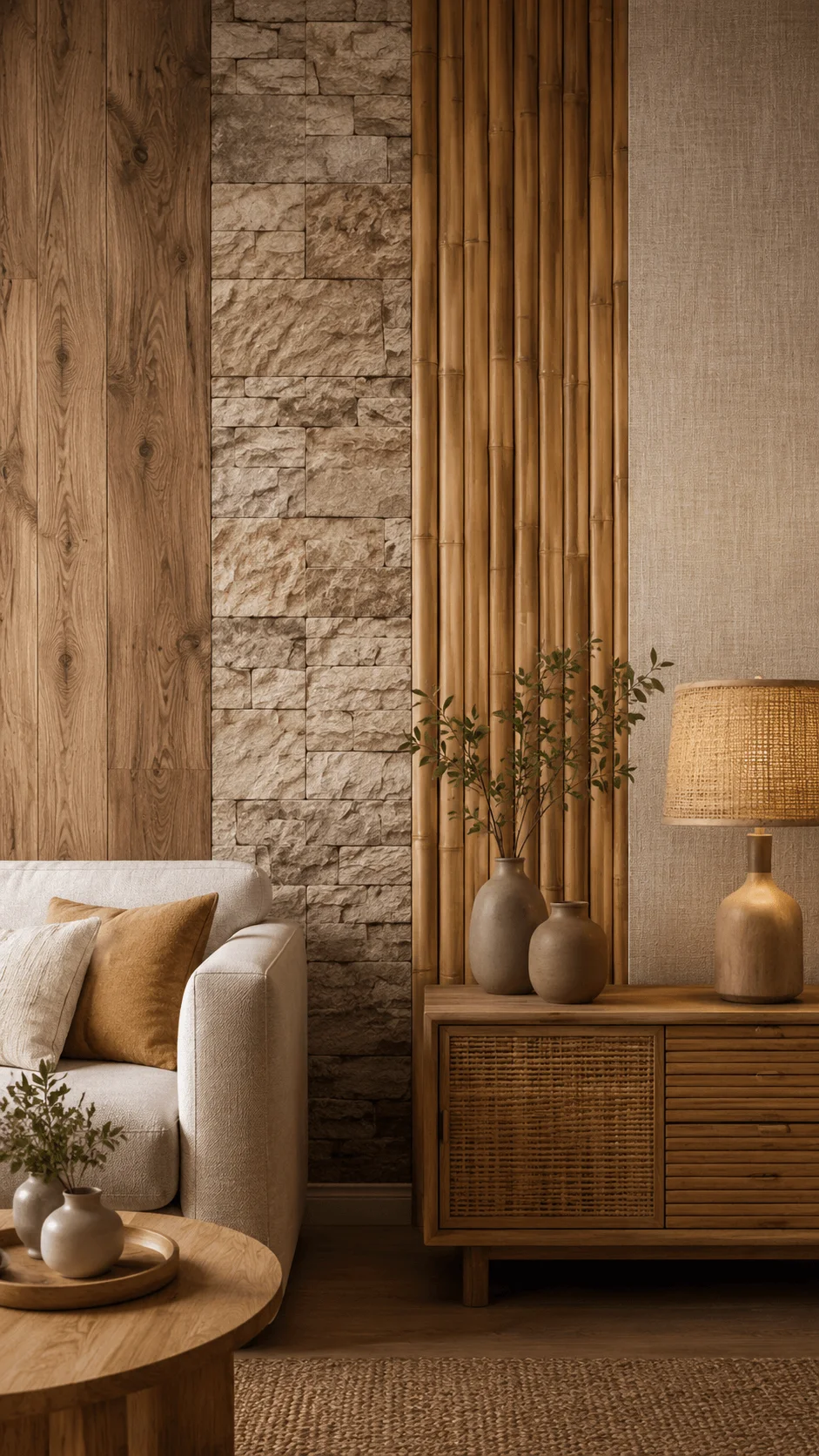 Natural material inspired wallpaper featuring a sustainable interior with wood stone bamboo textures woven furniture and earthy neutral decor elements