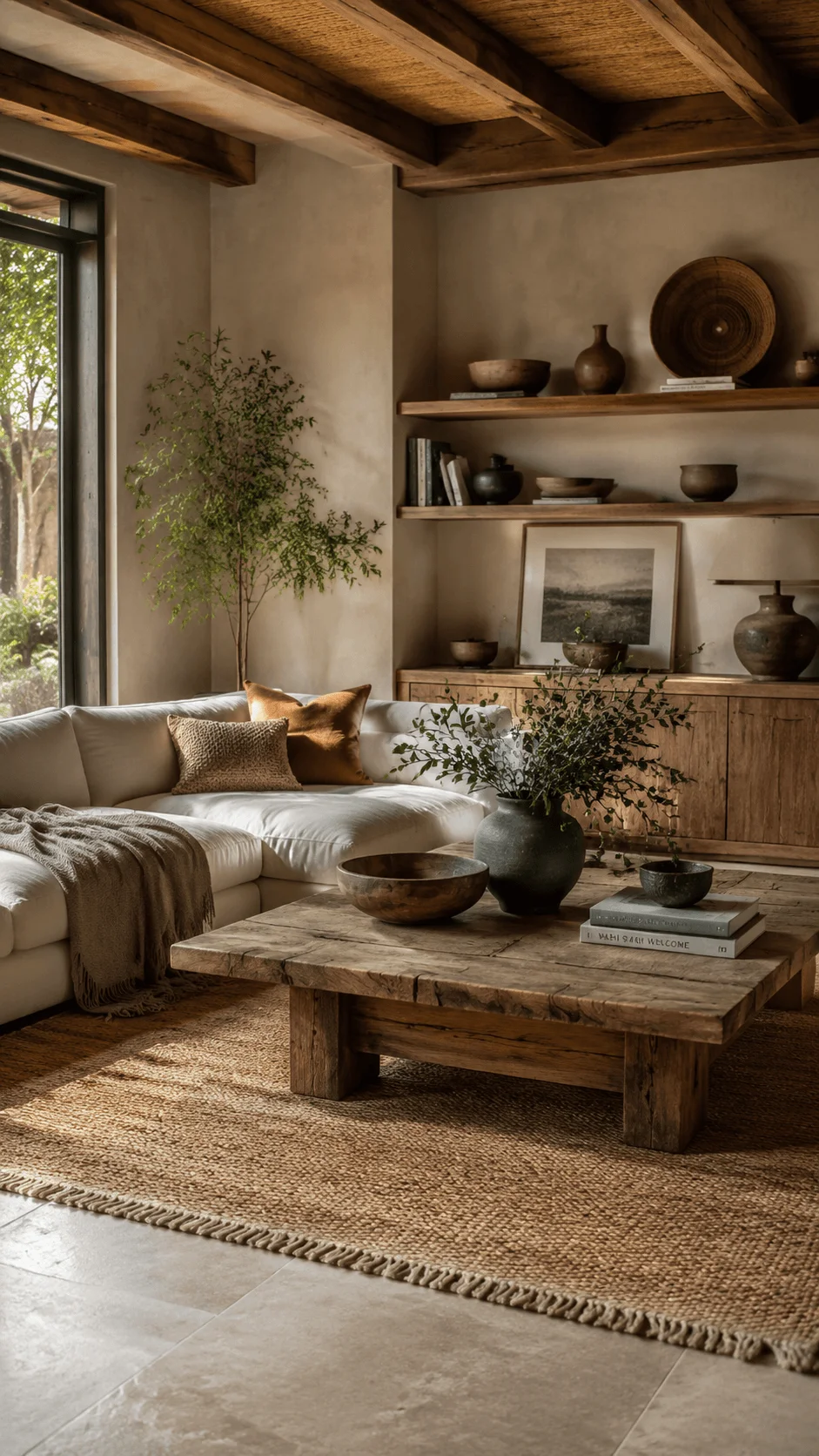 Natural material interior design with reclaimed wood furniture, earthy tones, textured rugs, indoor plants, and a cozy sustainable living space featuring organic decor and timeless natural beauty
